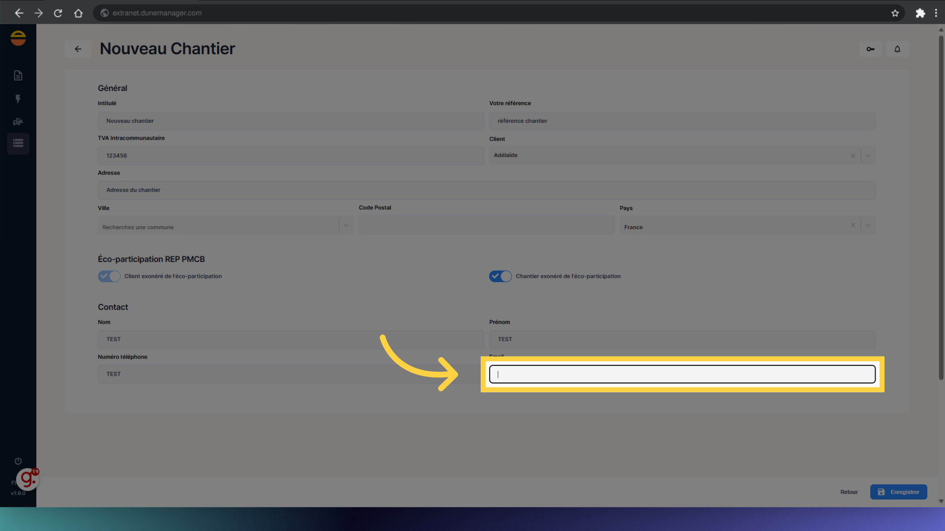 Si connu, remplir le mail du contact du chantier