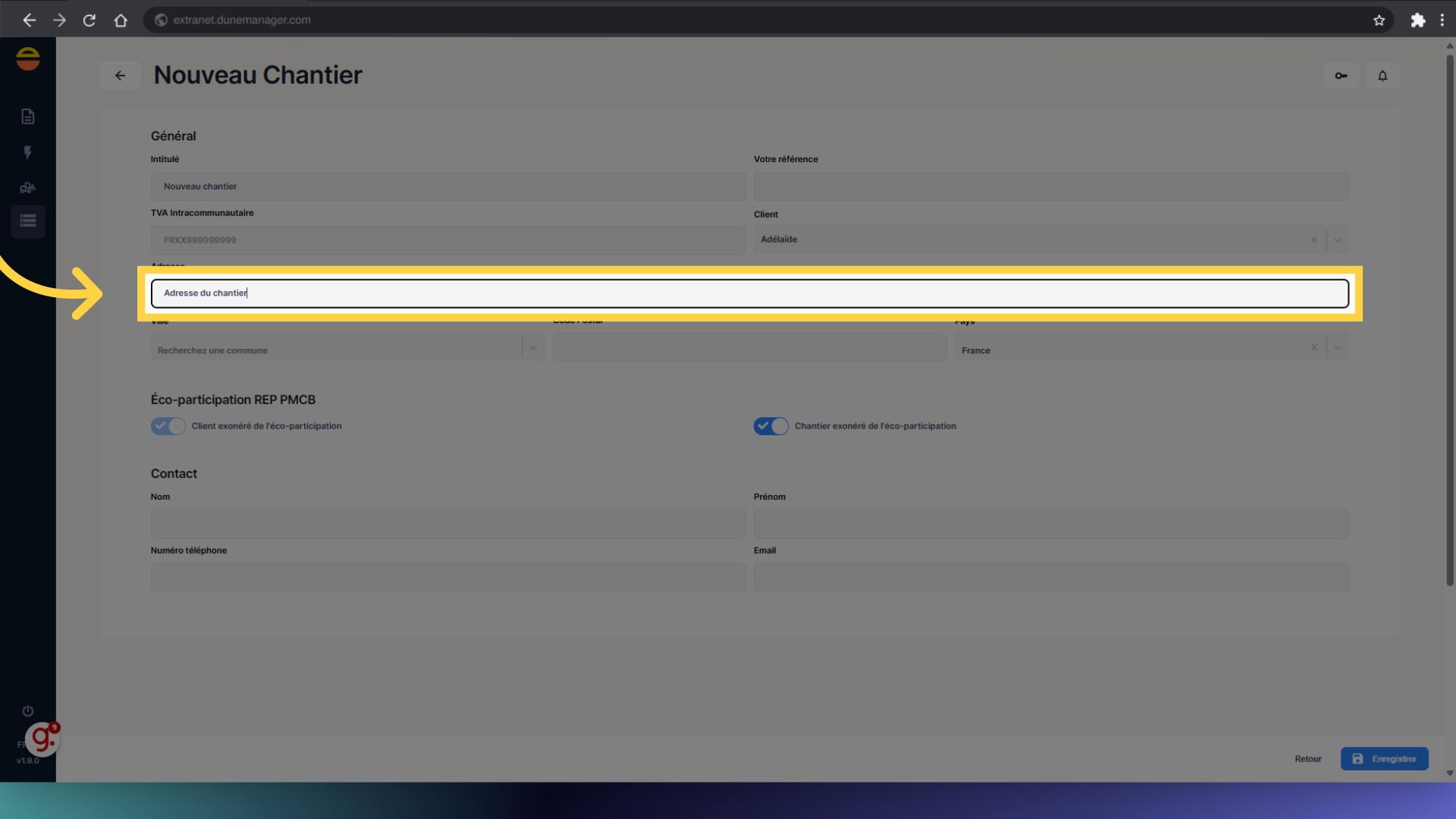 Si connue, remplir 'Adresse du chantier'