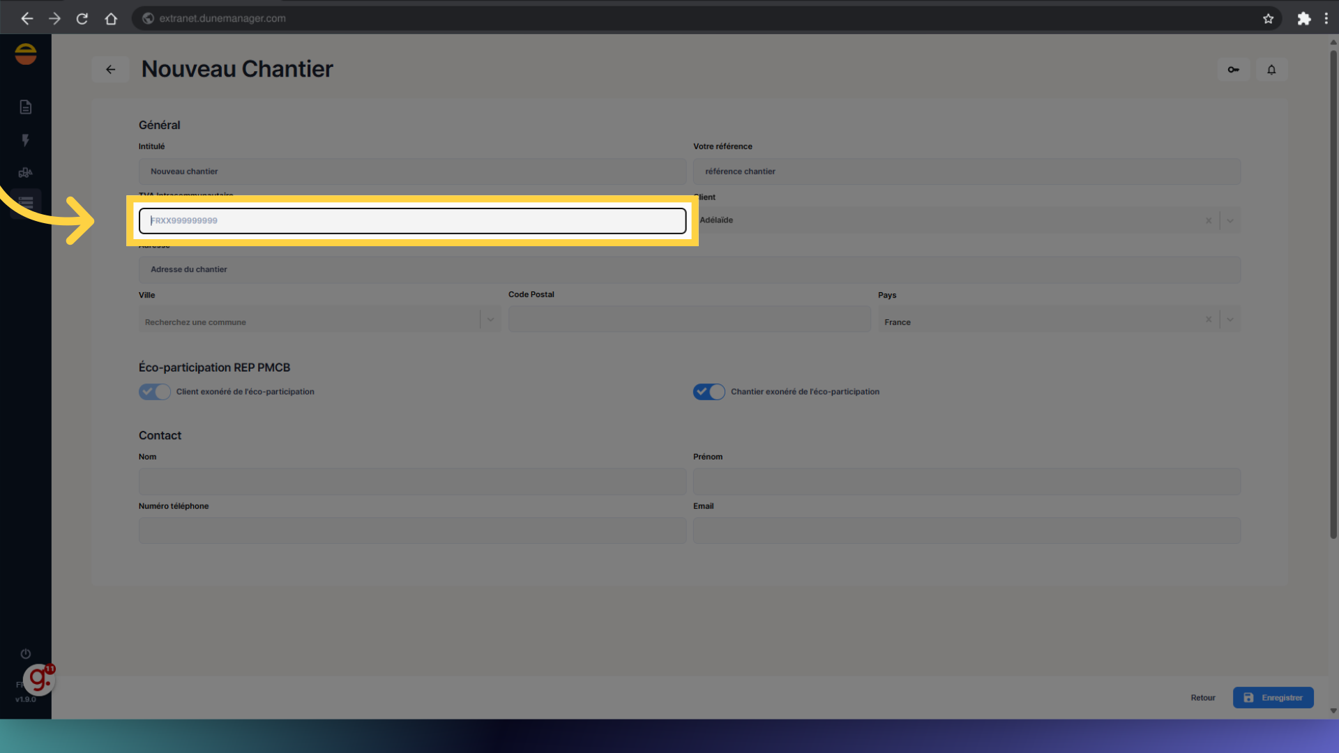 Si connu, remplir le code TVA