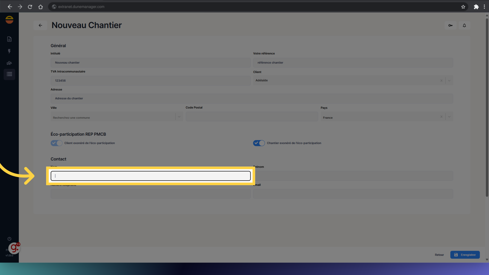 Si connu, remplir le Nom du Contact du chantier