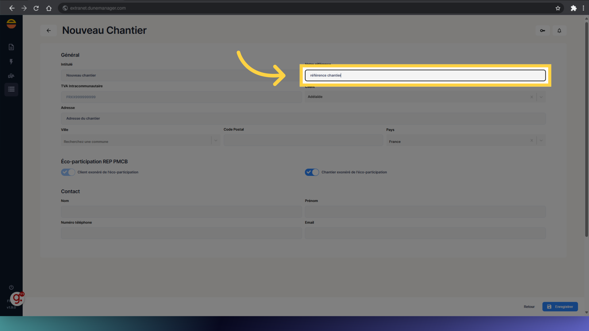 Si connue, remplir 'référence chantier'
