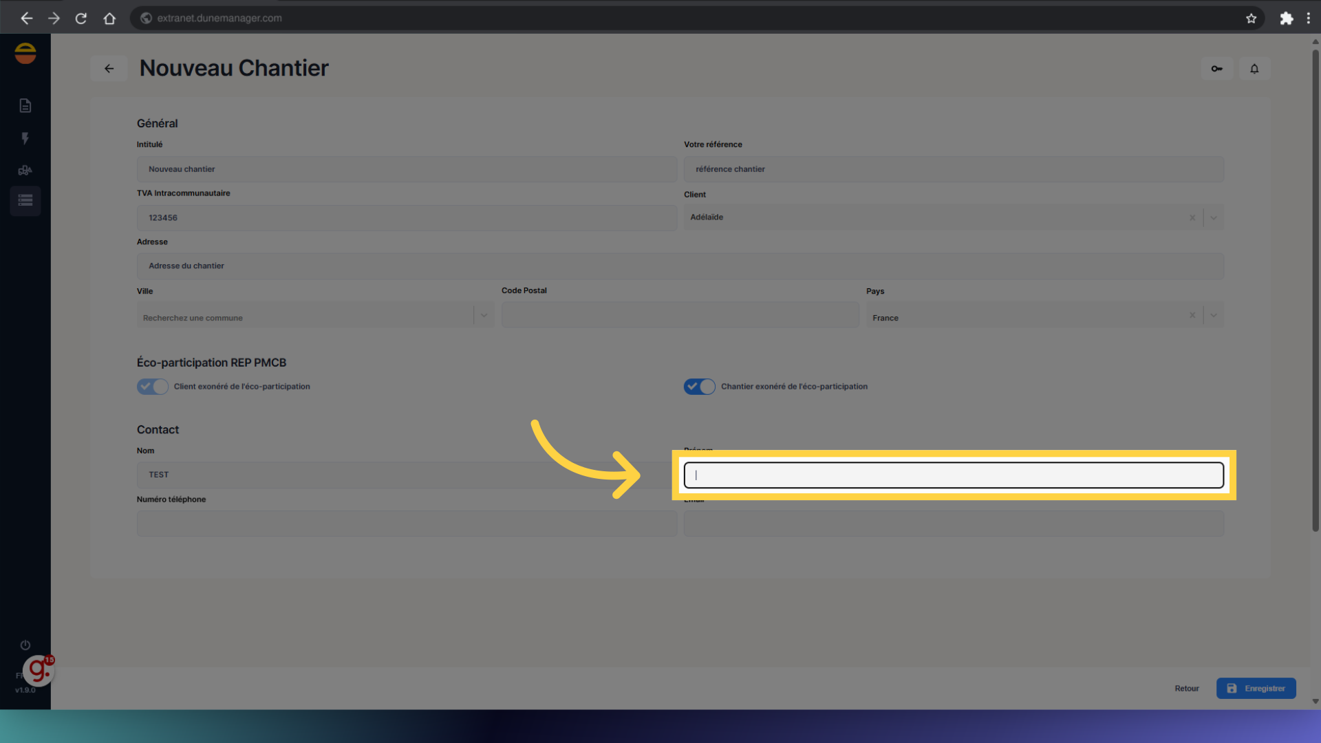 Si connu, remplir le prénom du contact du chantier