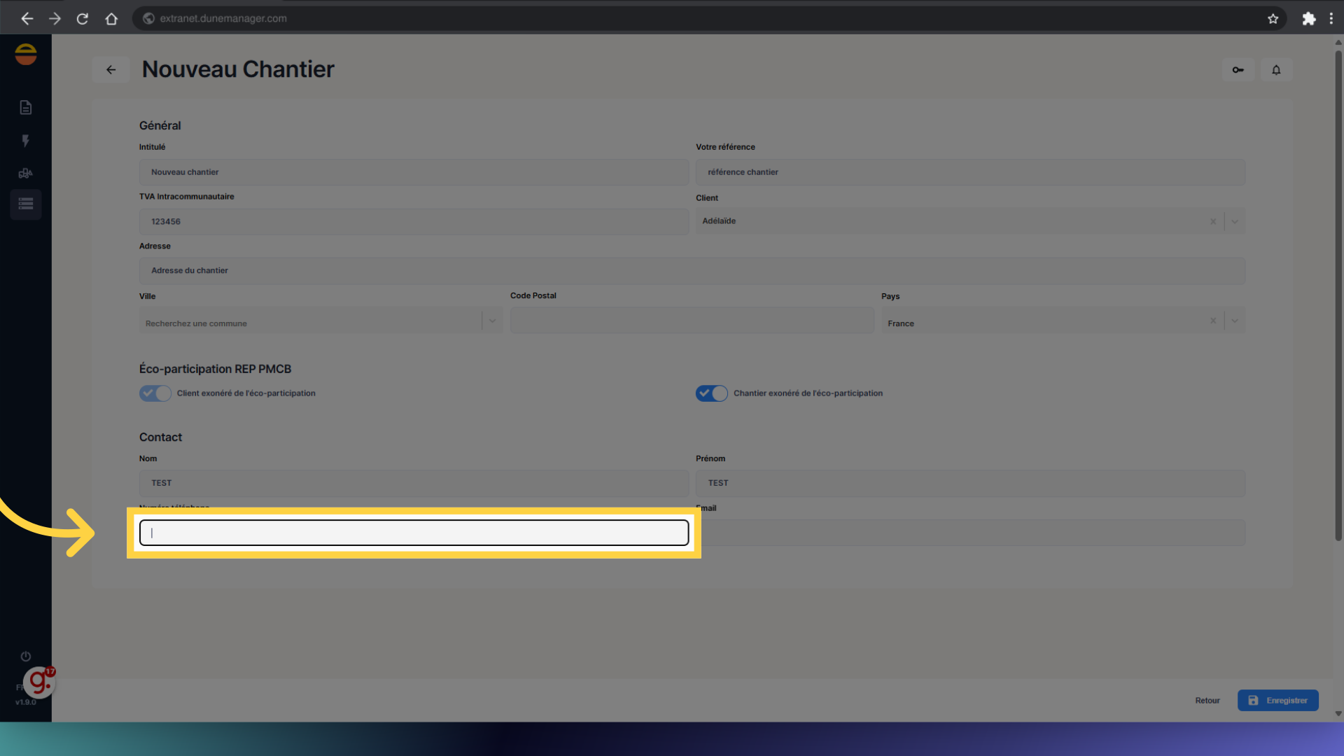 Si connu, remplir le téléphone du contact du chantier