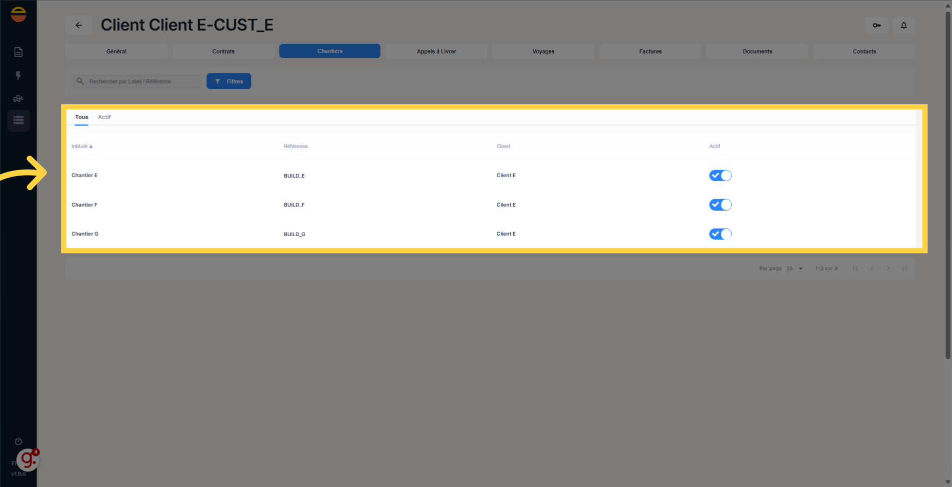 Ouverture de l'onglet chantier