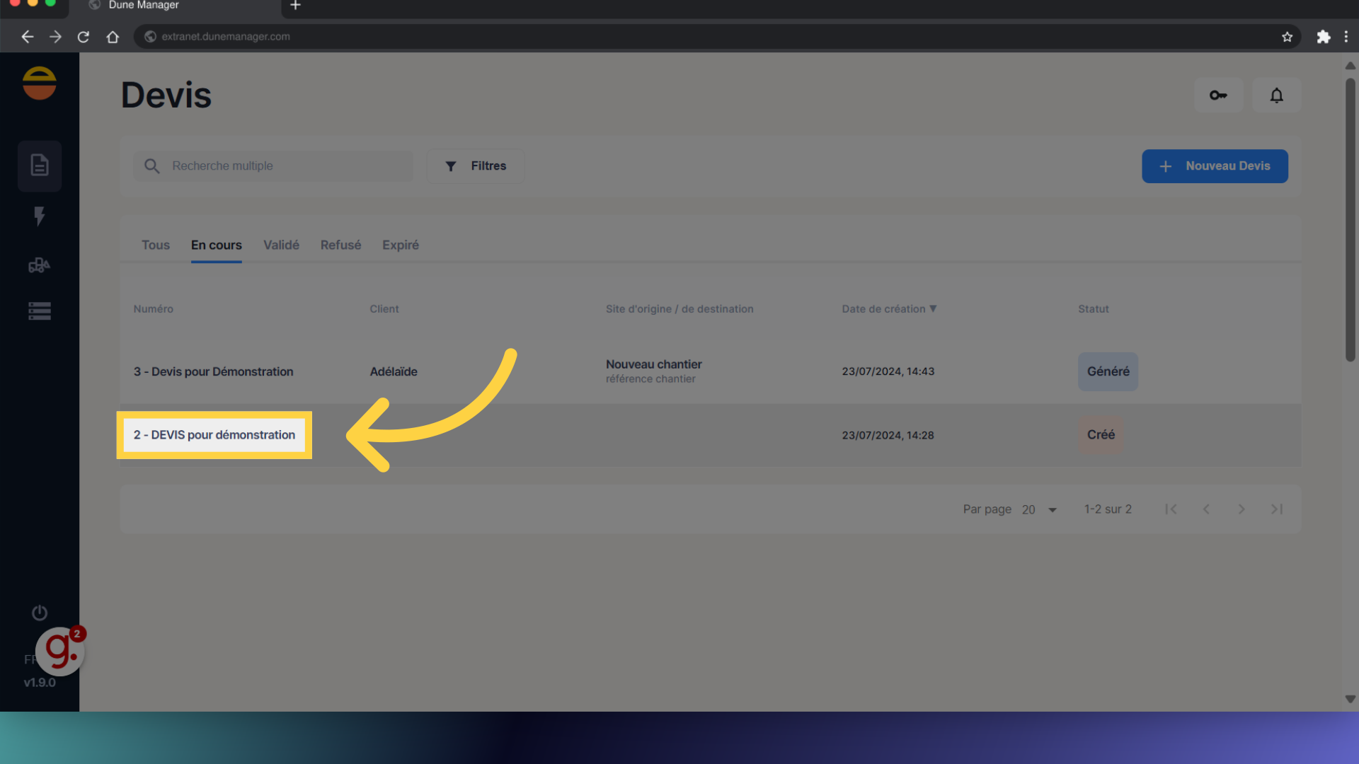Sélectionnez le devis souhaité