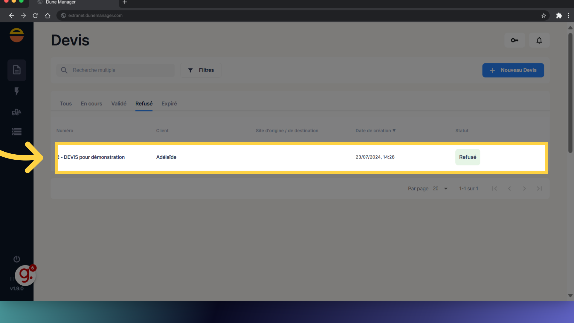 Visualisation du Devis refusé