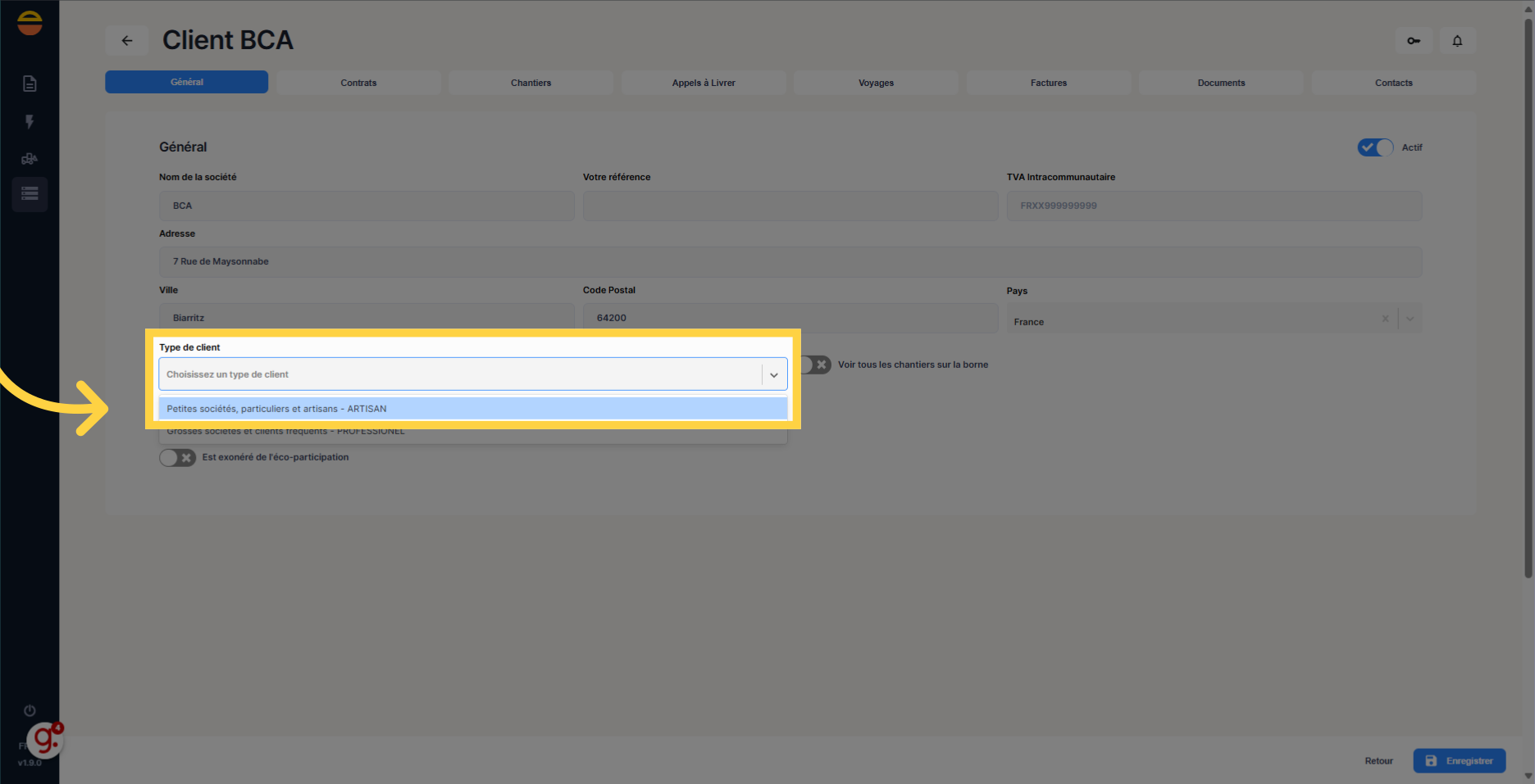 Sélectionnez le type de client