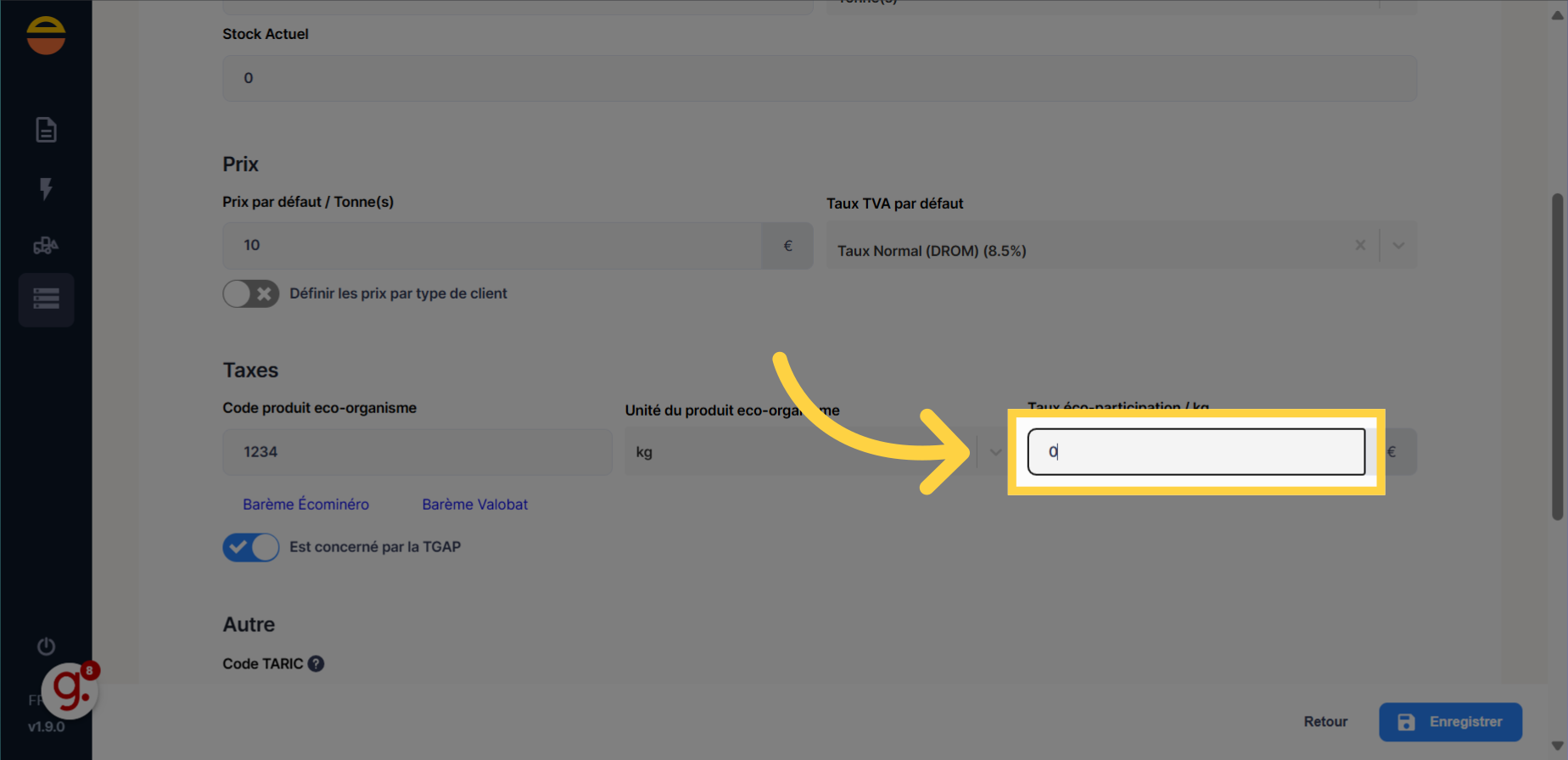 Saisir le taux d'éco-participation
