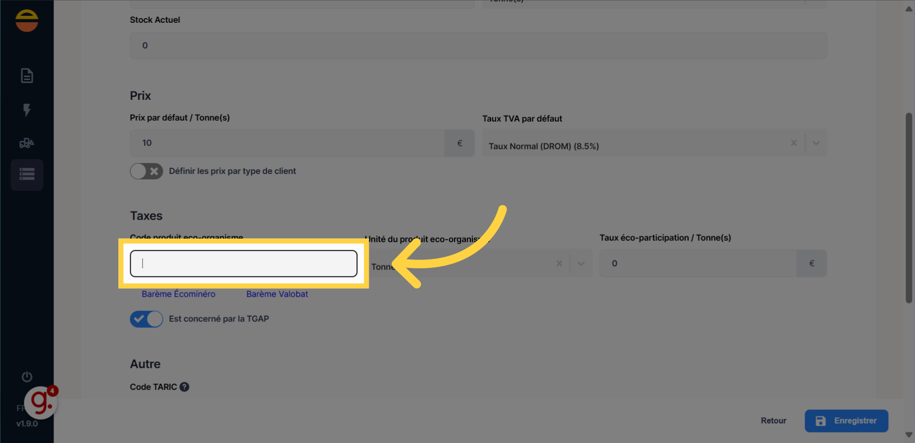 Saisir la valeur du code produit