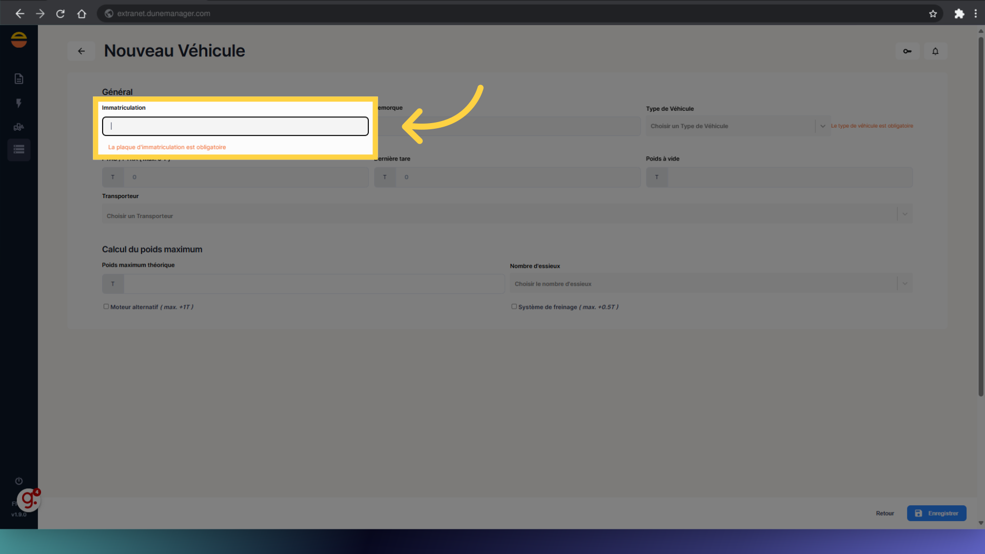 Remplir l'immatriculation