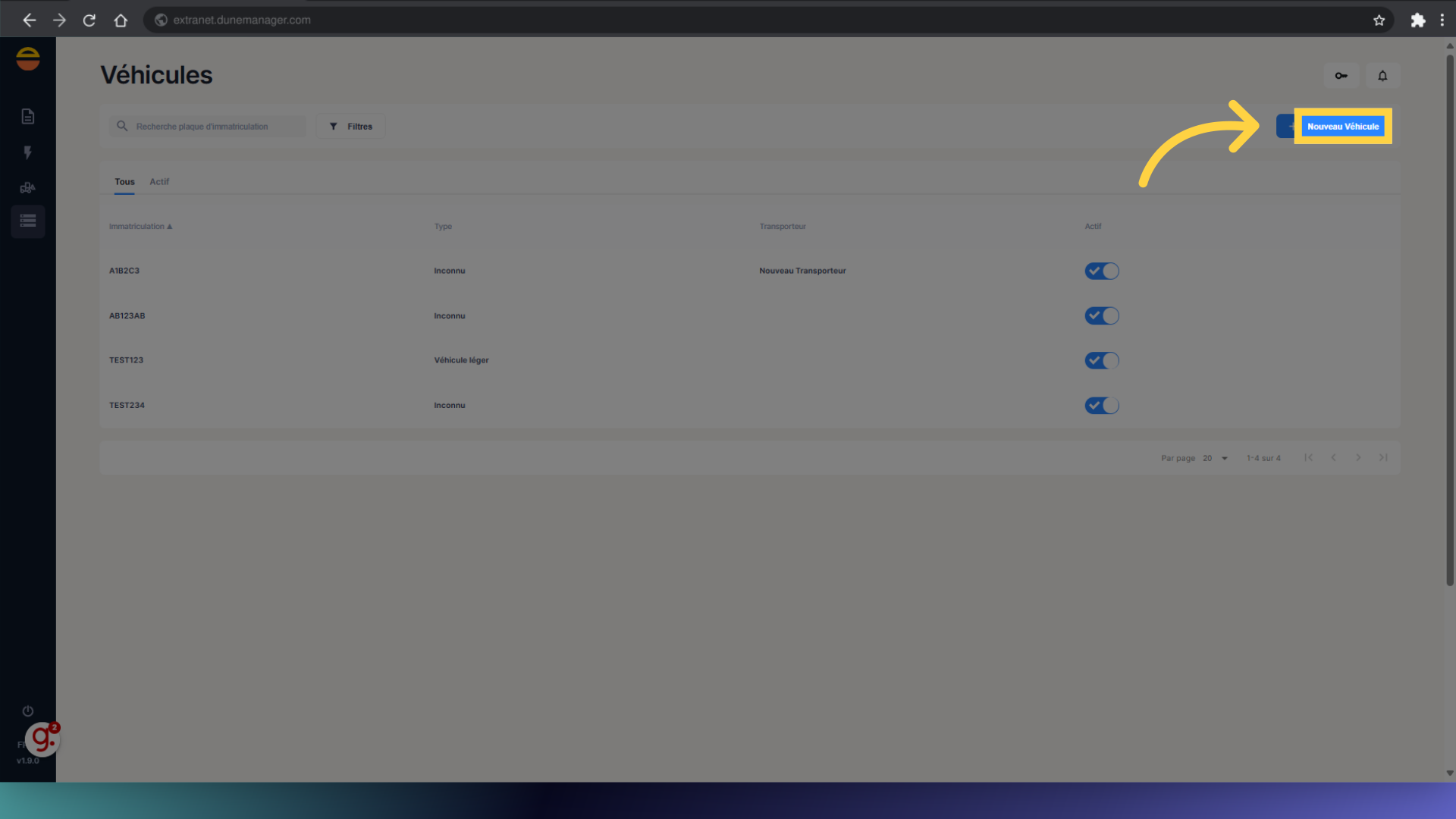 Cliquez 'Nouveau Véhicule'