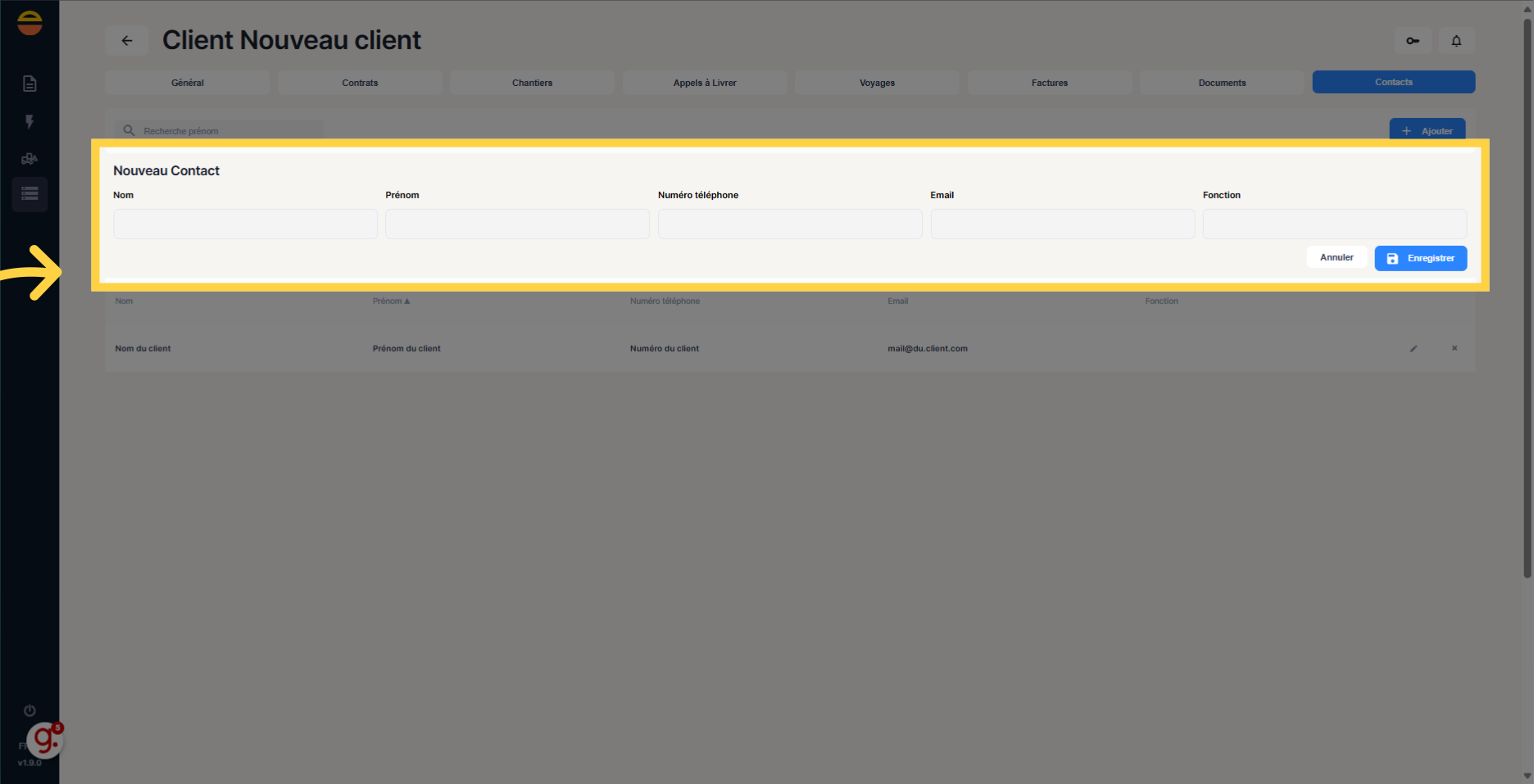 Renseignez les informations du contact