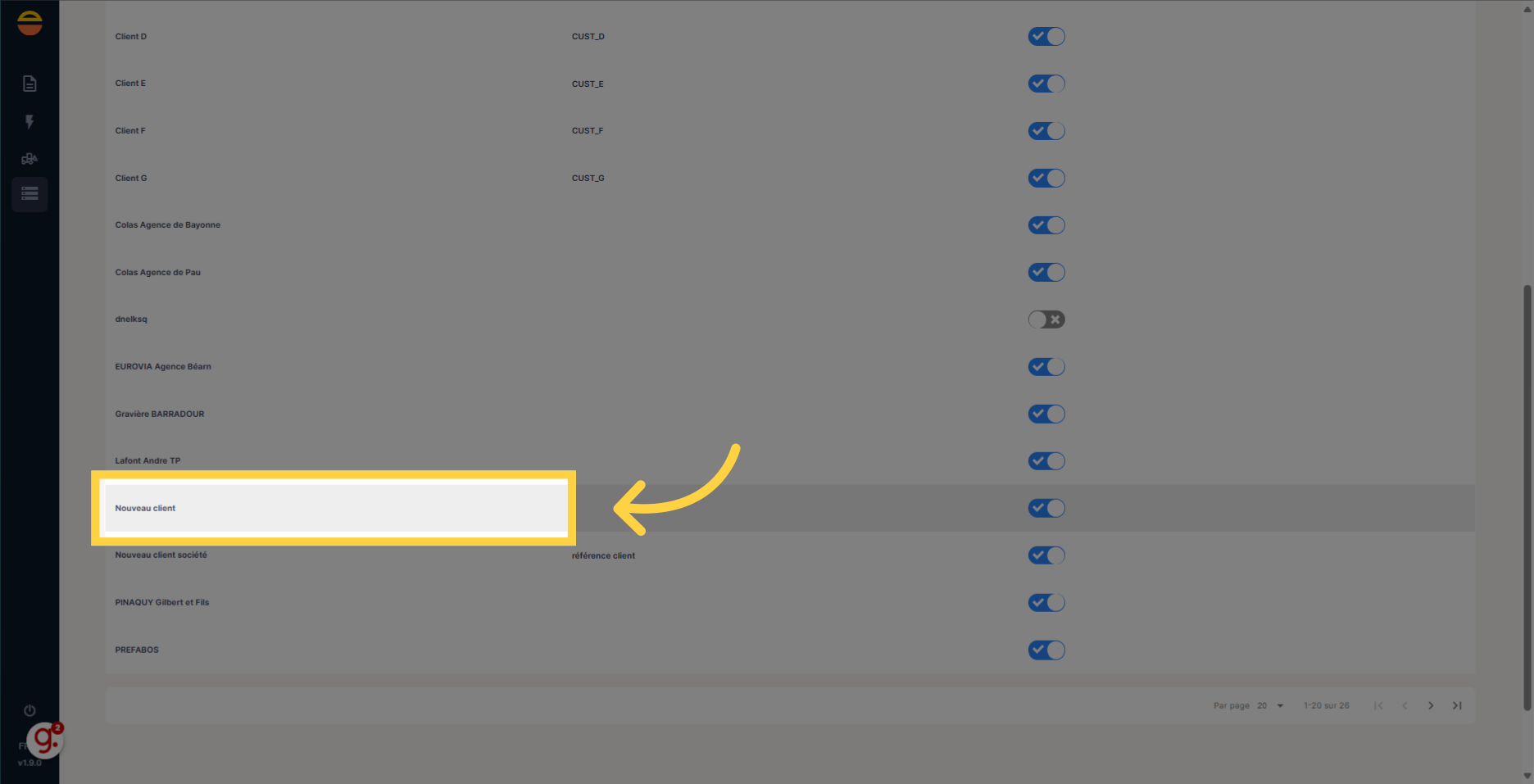 Cliquez sur la ligne client souhaitée
