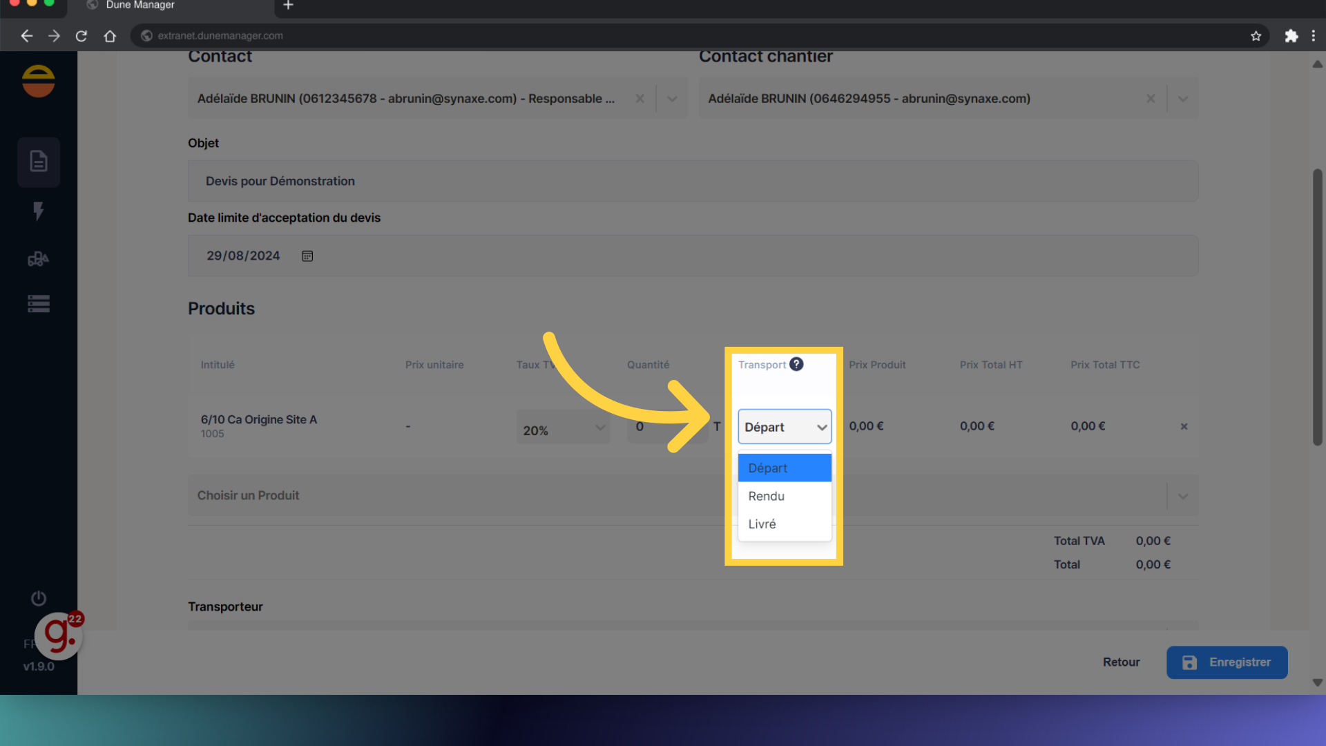 Editez le mode de transport du produit, si besoin