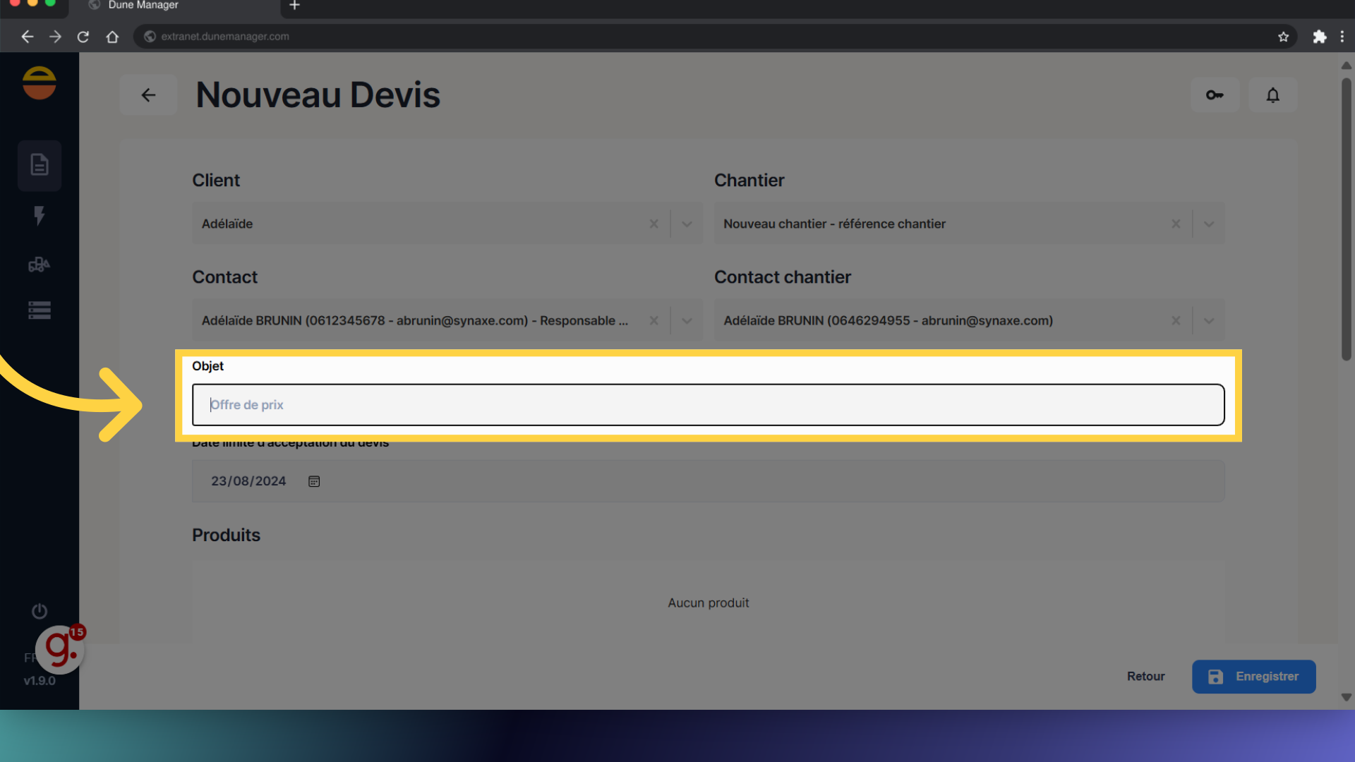 Remplir le Nom/Objet du Devis