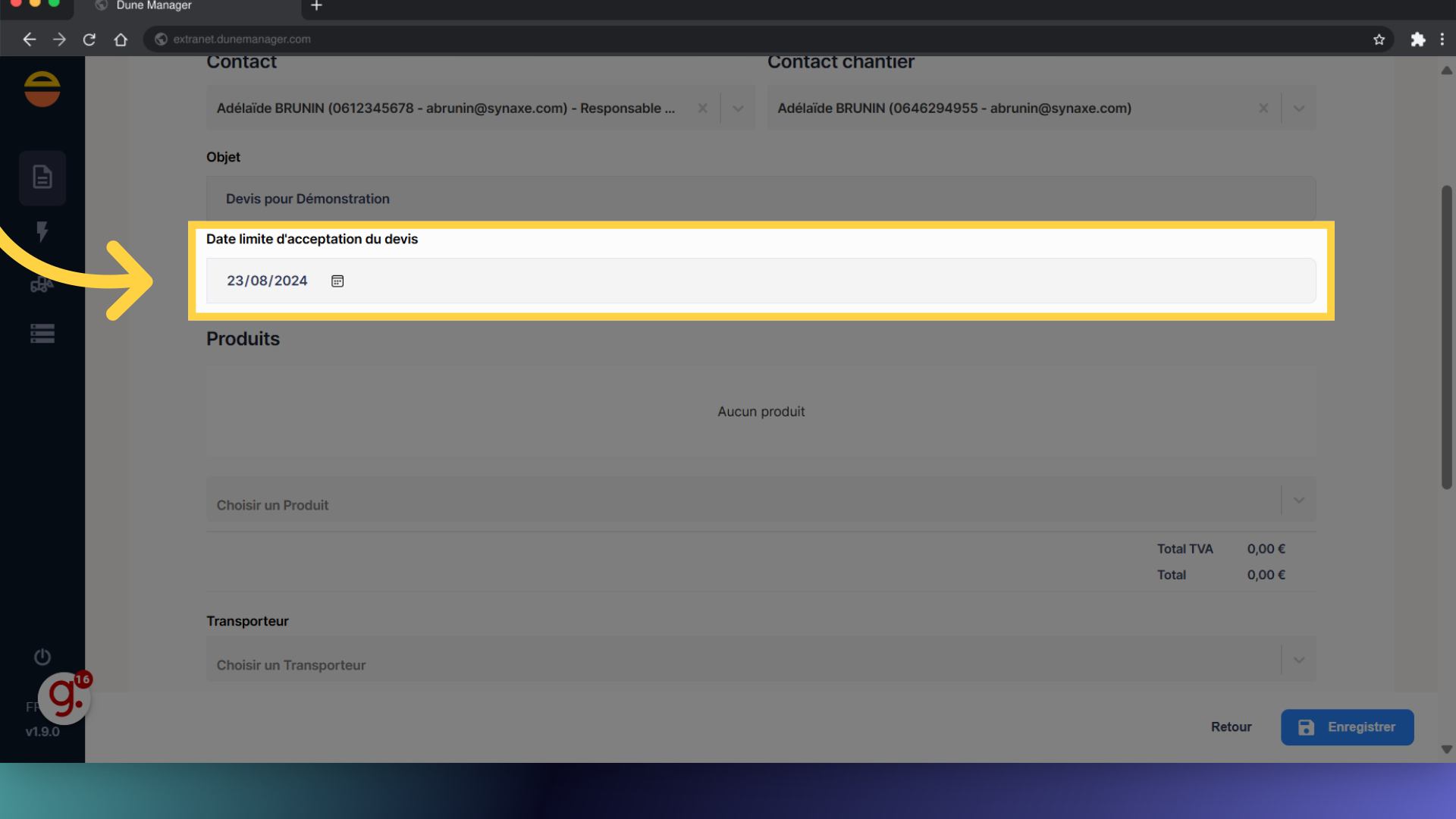 Remplir la date d'acceptation du devis