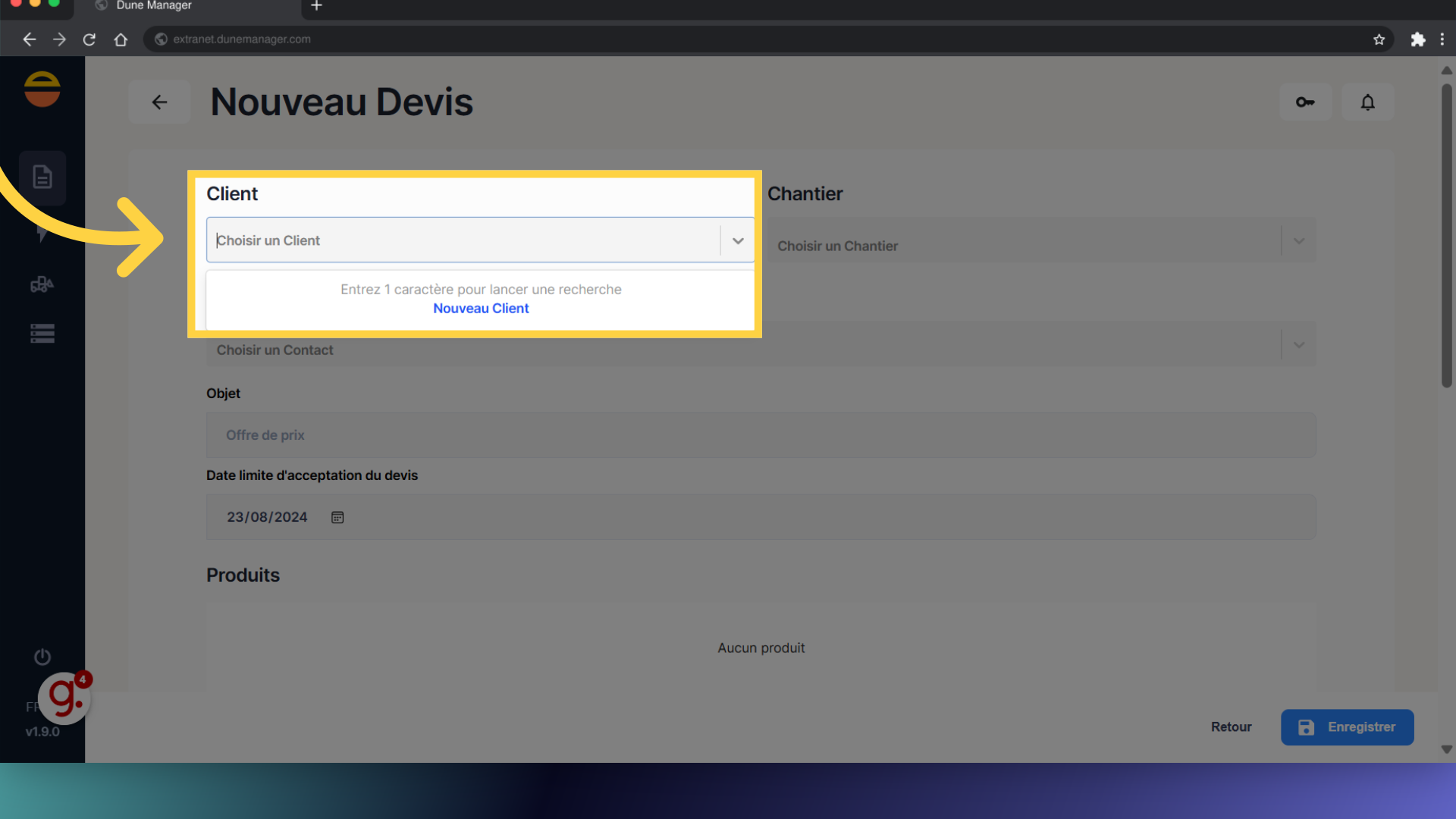 Recherchez ou Saisir le Client