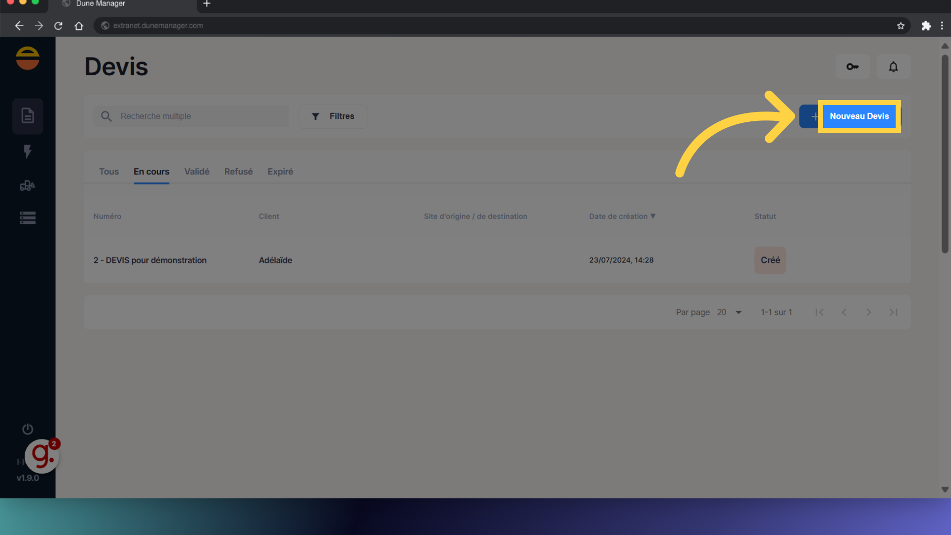 Cliquez 'Nouveau Devis'