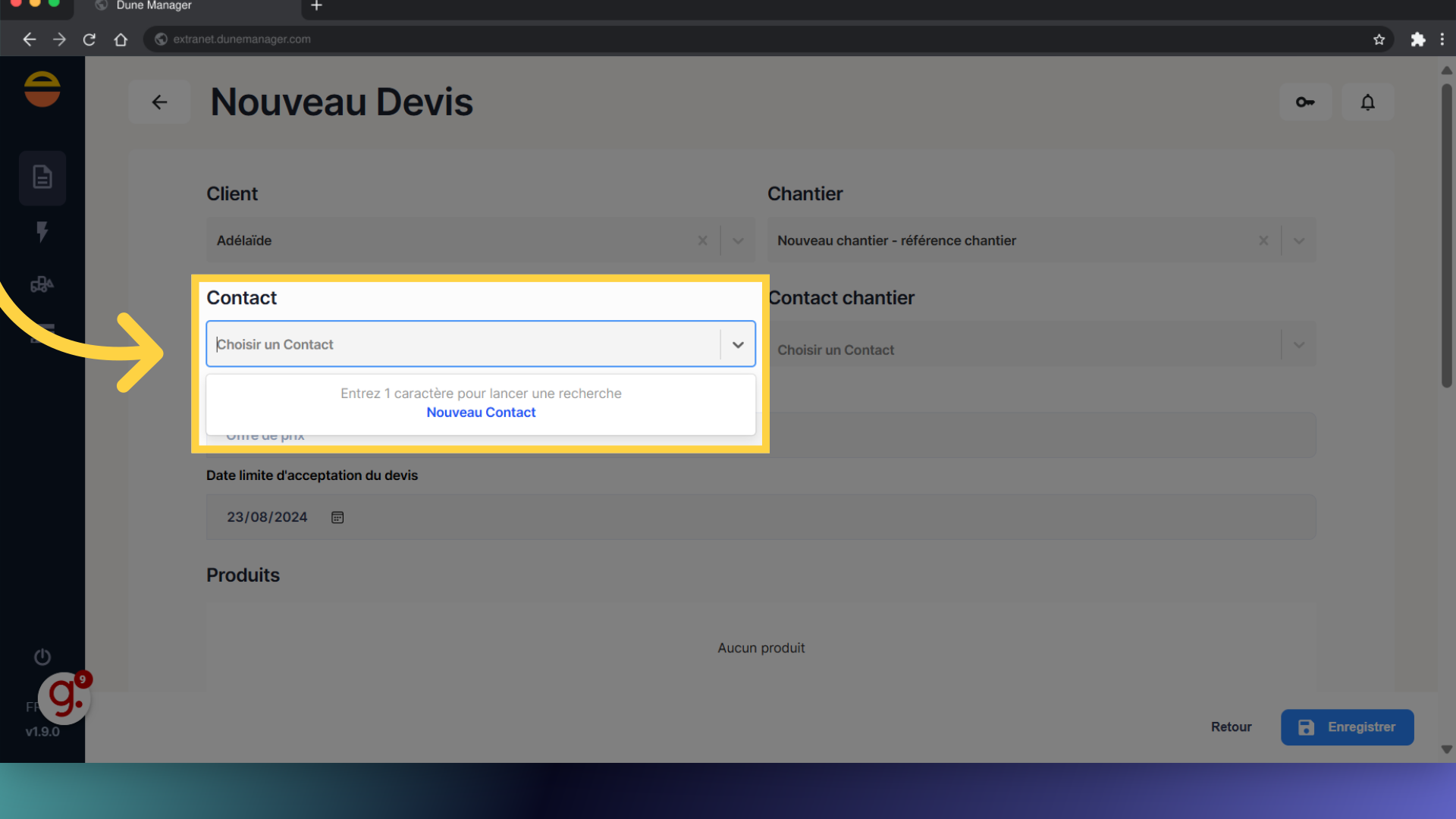 Recherchez ou saisir le contact du client