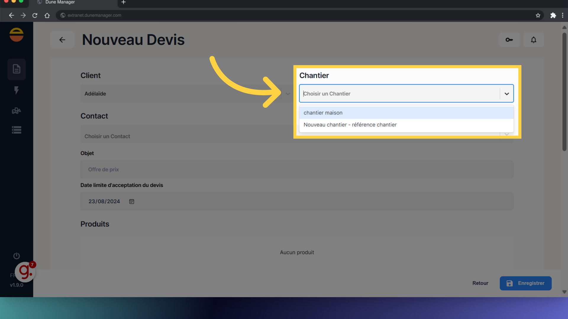 Recherchez ou saisir le Chantier associé au Client