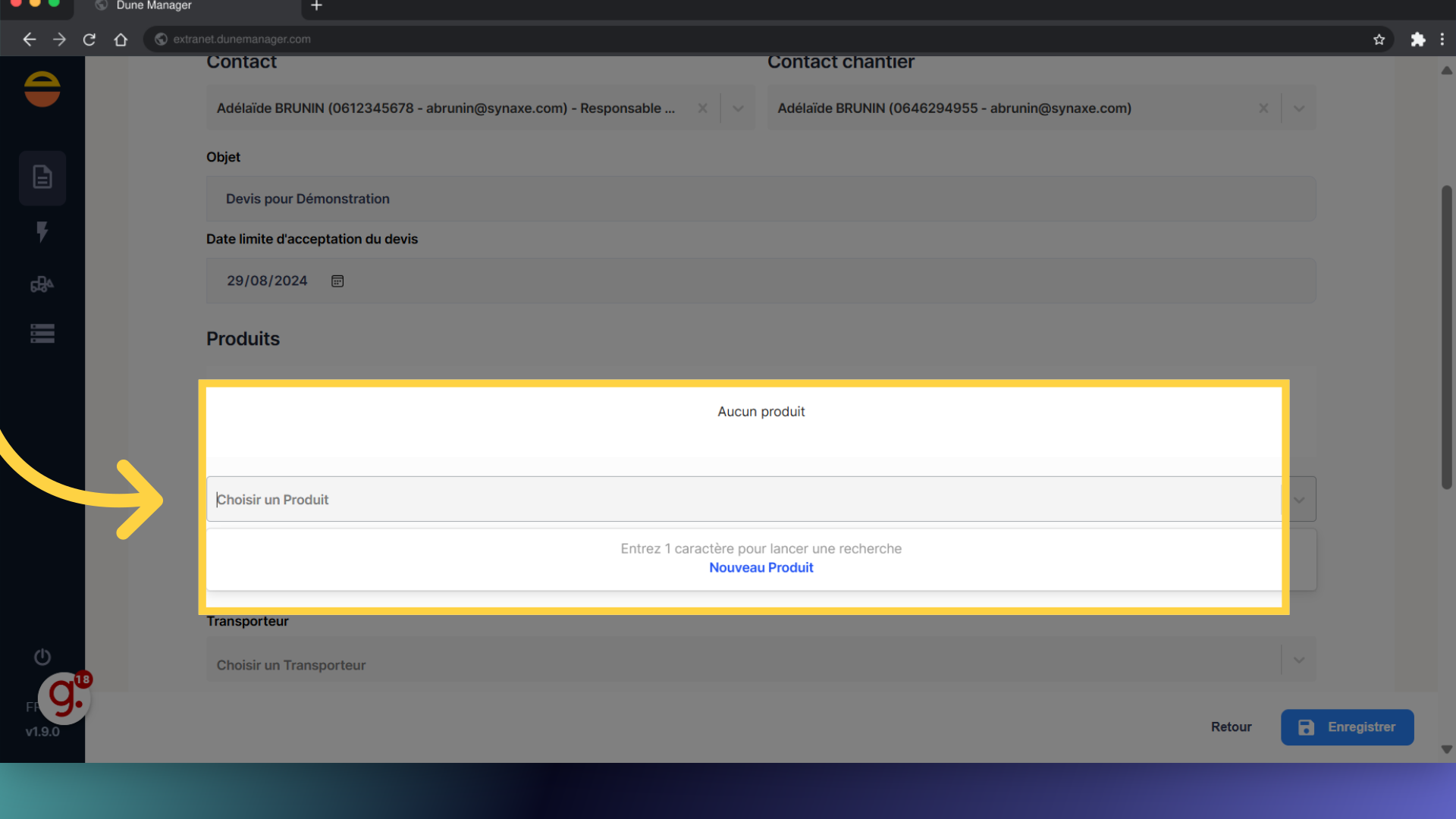 Renseignez les produits