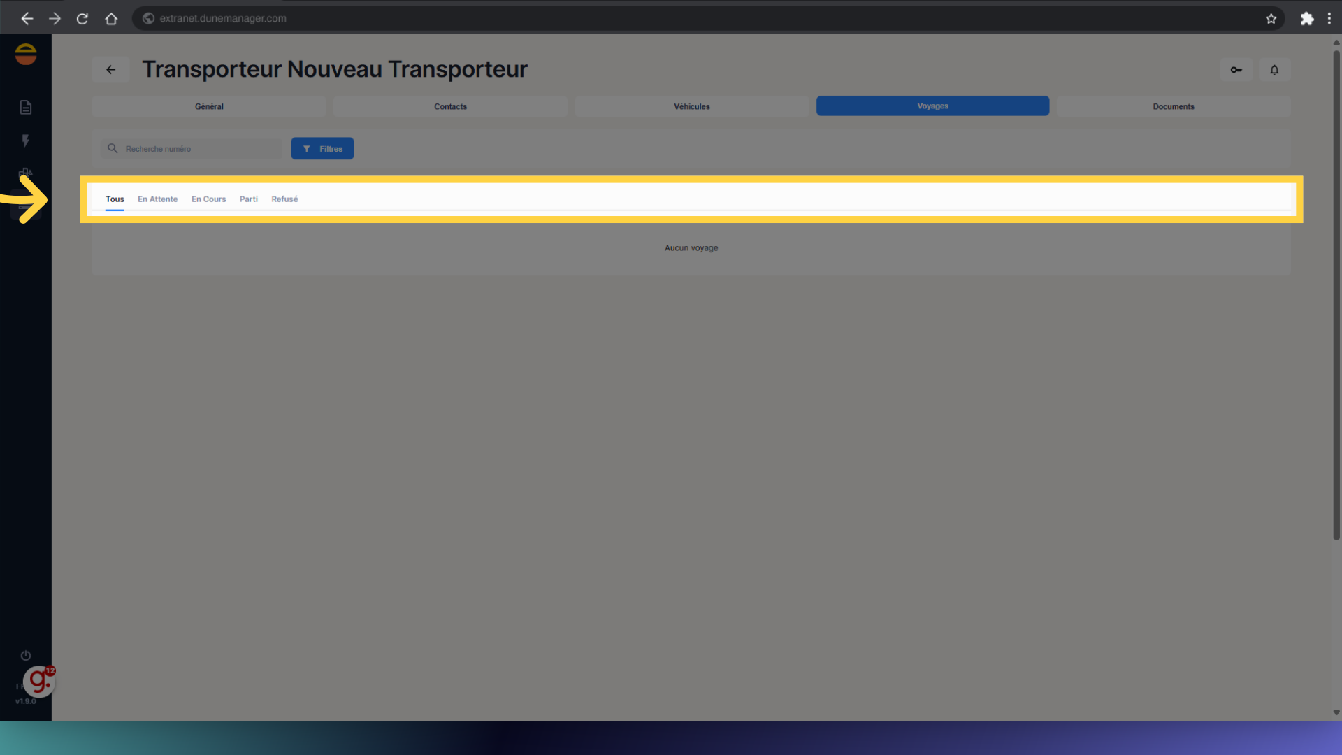 Liste des Voyages, trié par statut