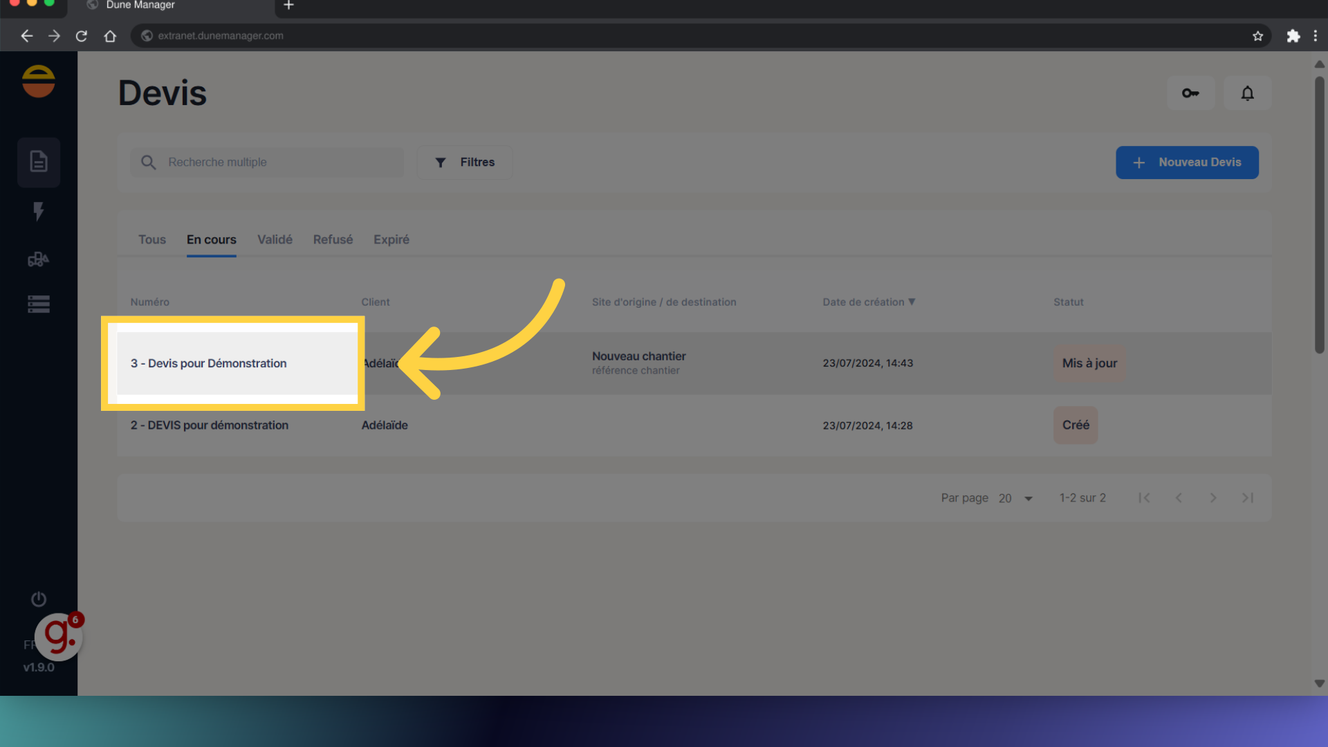 Sélectionnez le devis souhaité