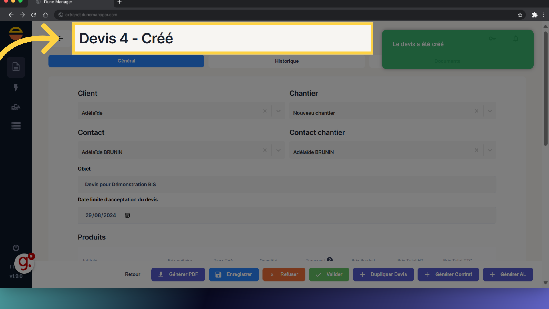 Le nouveau Devis a été créé