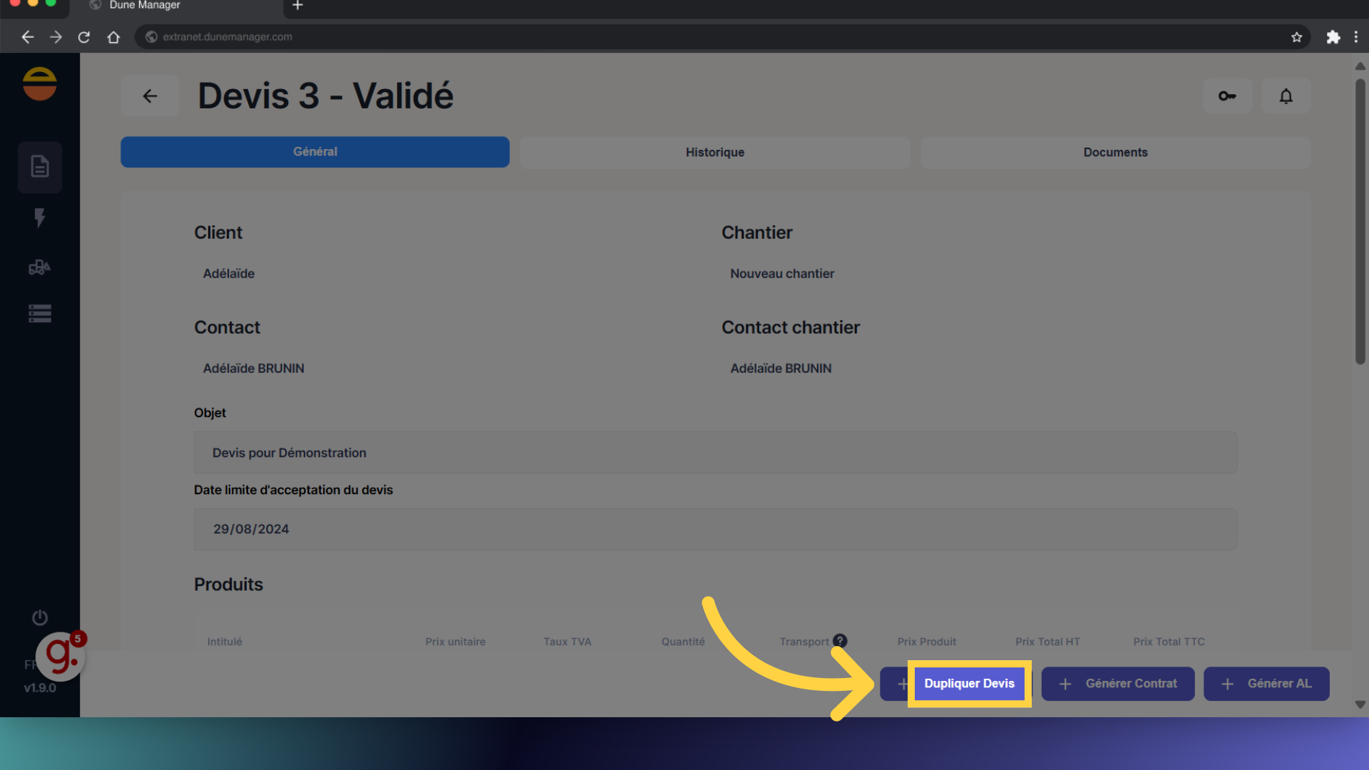 Cliquez 'Dupliquer Devis'
