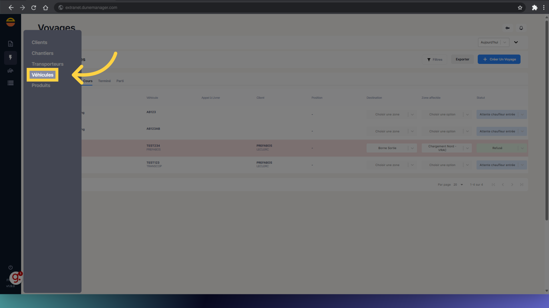 Cliquez 'Véhicules'
