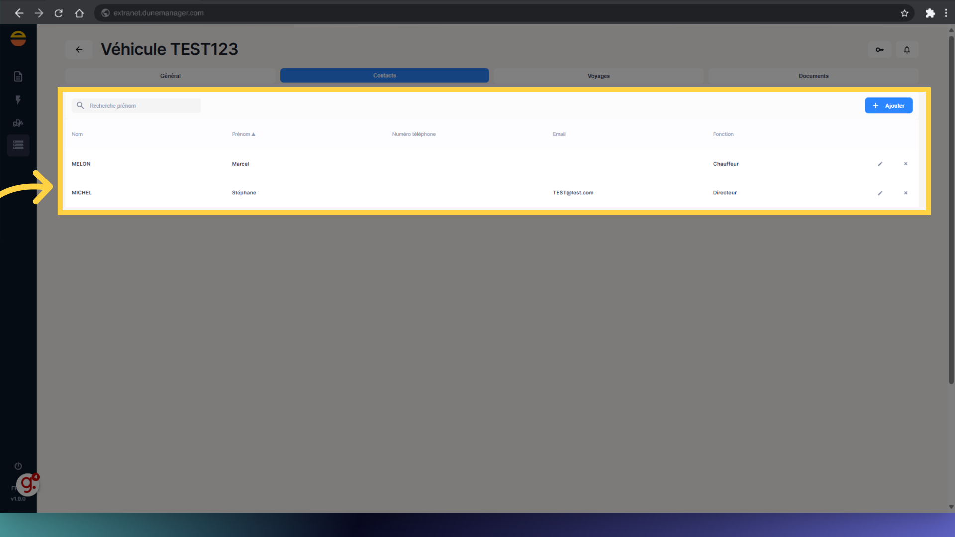 Liste des contacts d'un véhicule