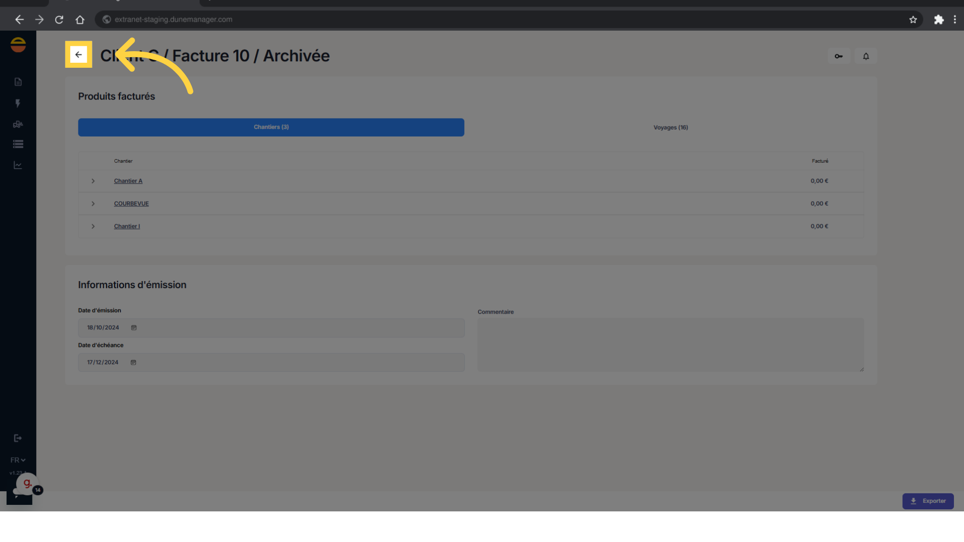 Revenez à la liste des factures