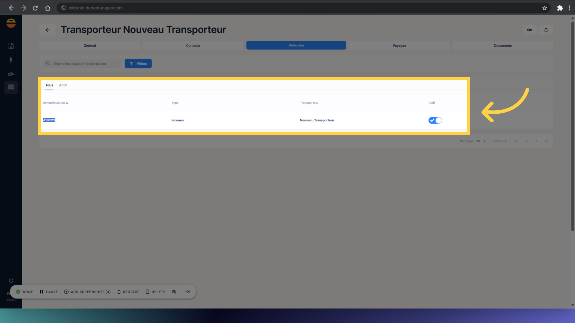 Liste des véhicules associé au Transporteur