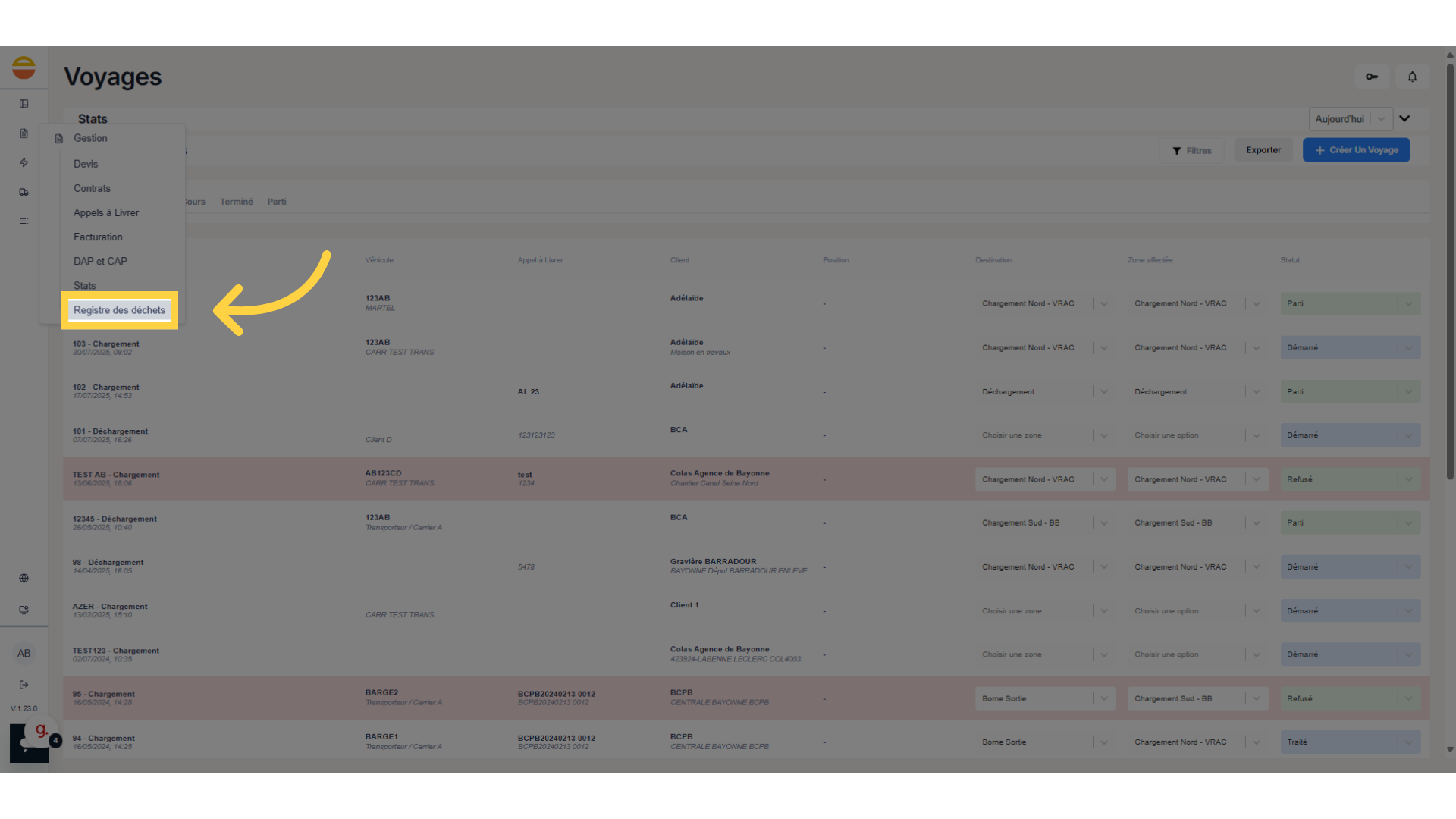 Cliquez sur 'Registre des déchets'