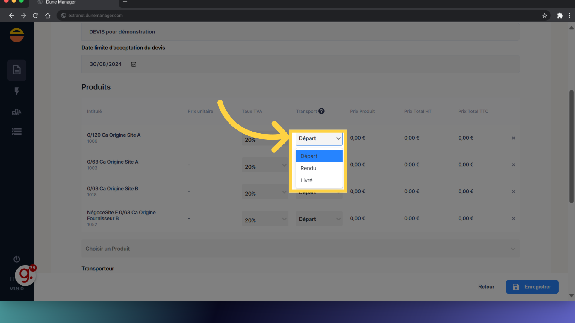 Editez, si besoin, le type de livraison du produit