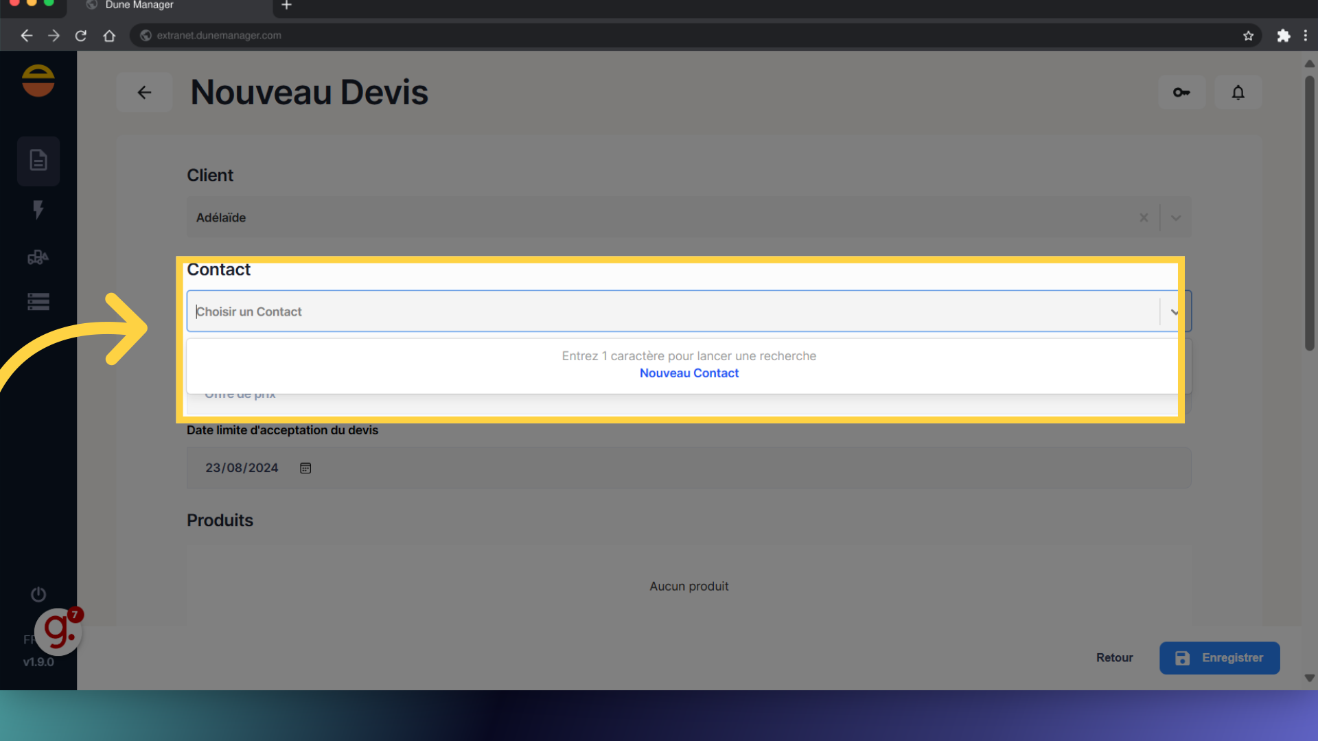 Rechercher ou saisir le contact du Client