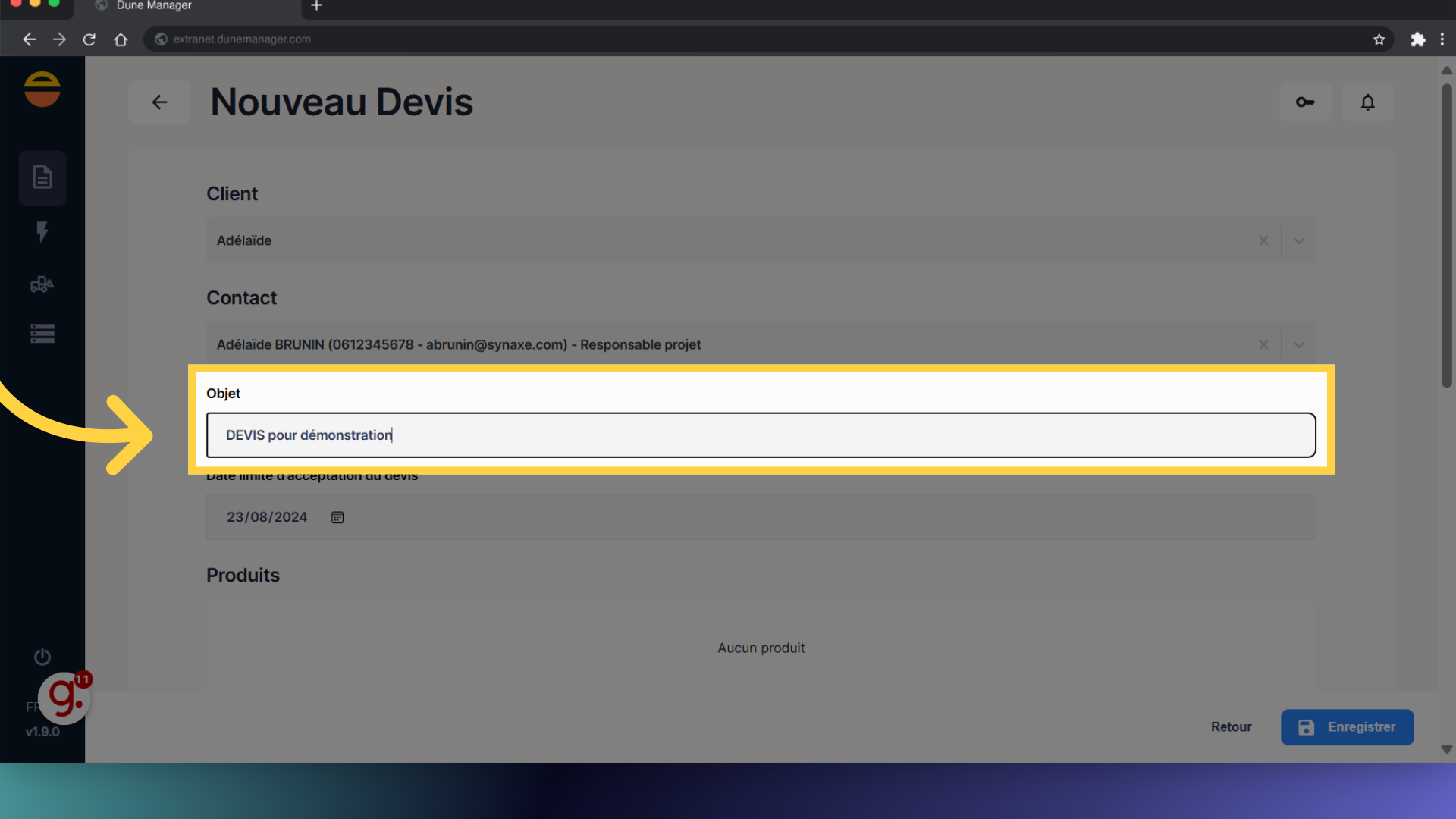 Remplir le Titre du Devis