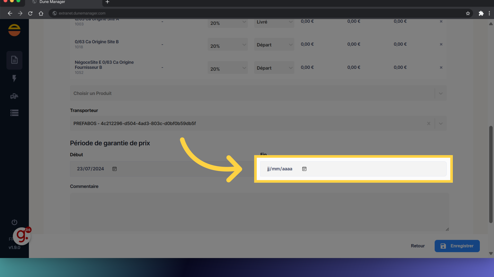 Saisir la date de fin de validité des prix de l'offre