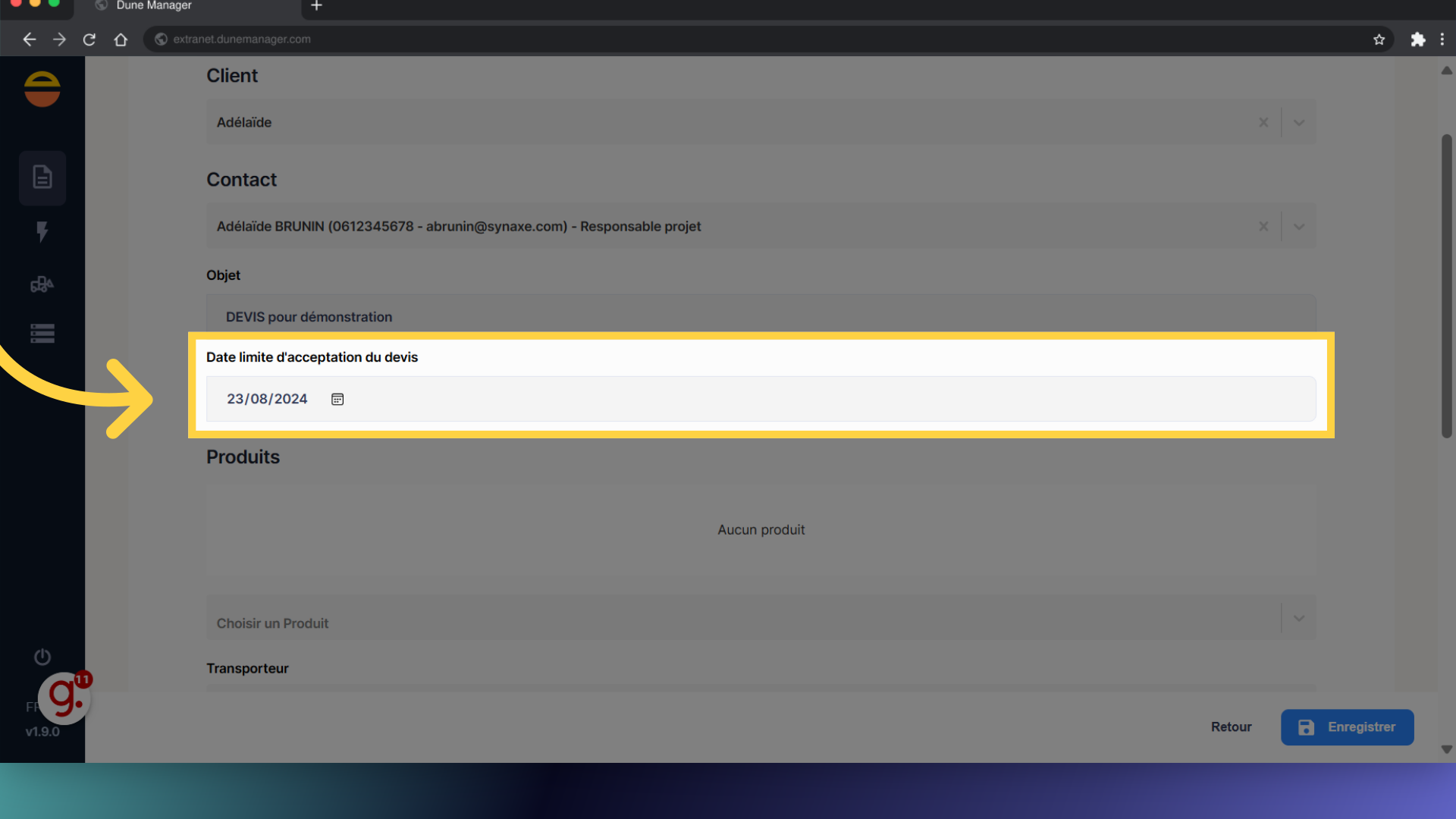 Renseignez la date d'acceptation de l'offre