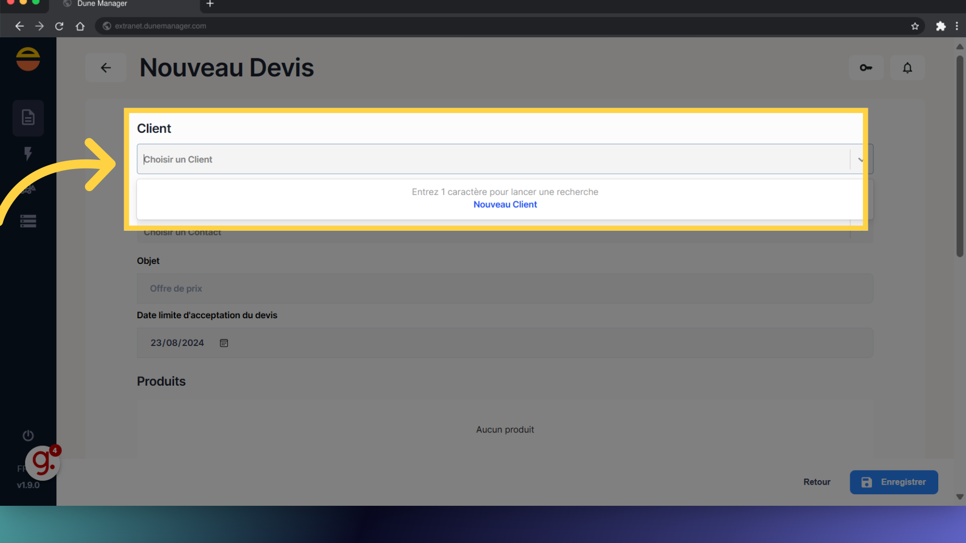 Rechercher ou saisir le Client