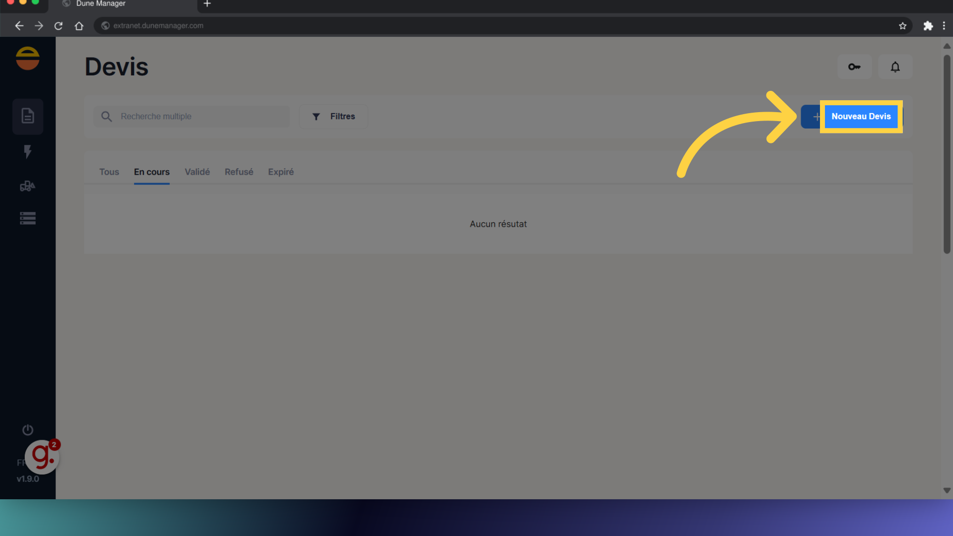 Cliquez 'Nouveau Devis'