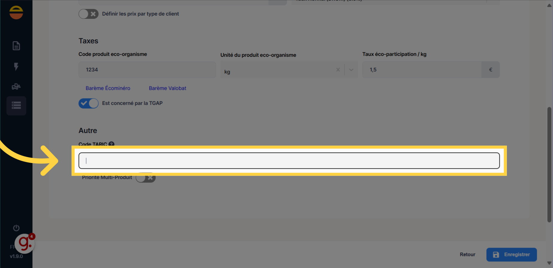 Remplir le Code TARIC