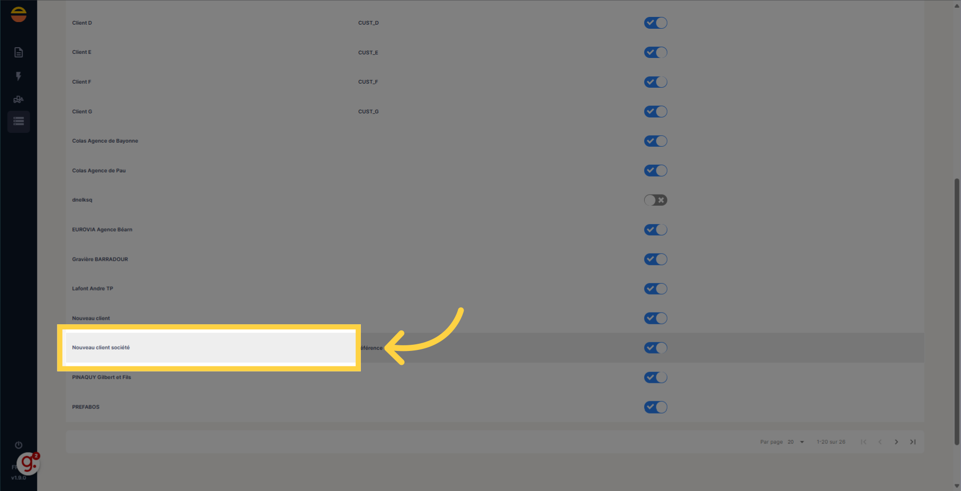 Sélectionnez la ligne du client souhaité