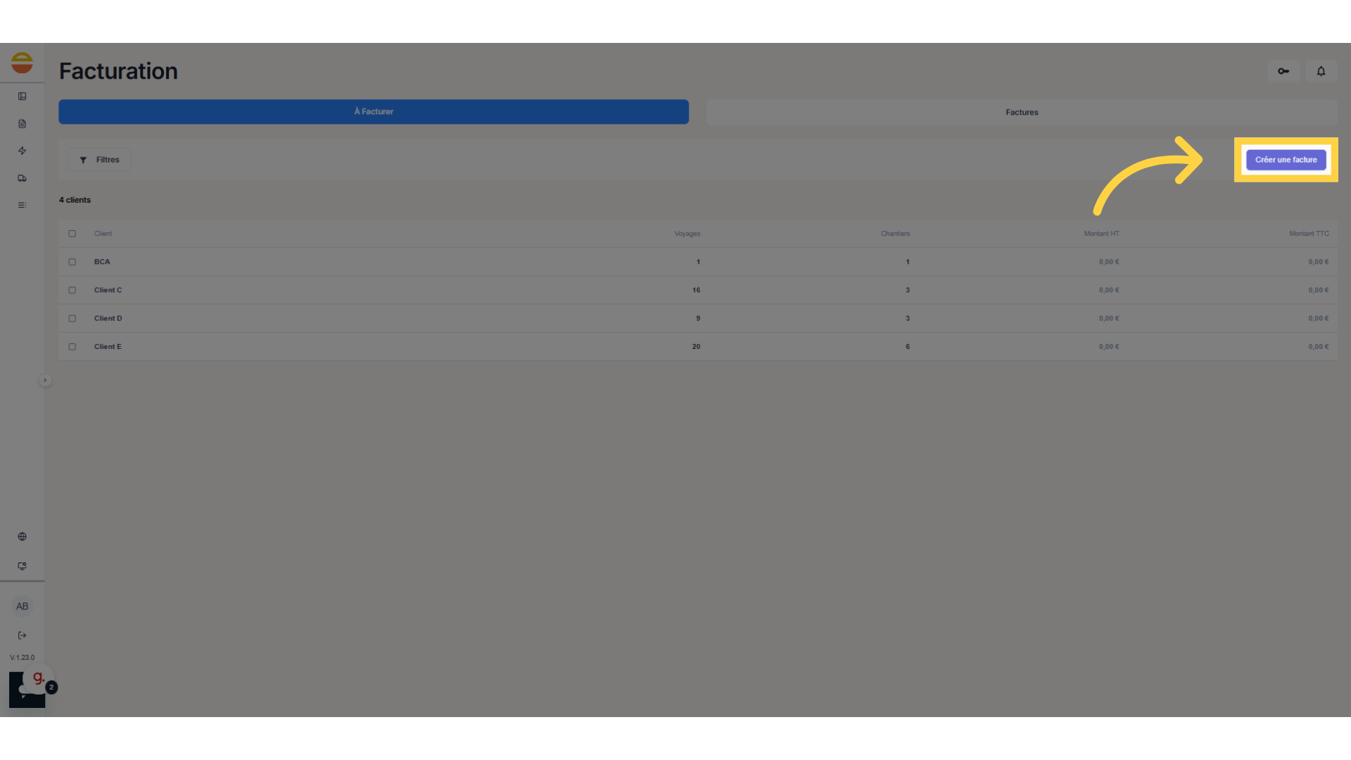 Cliquez sur 'Créer une facture'