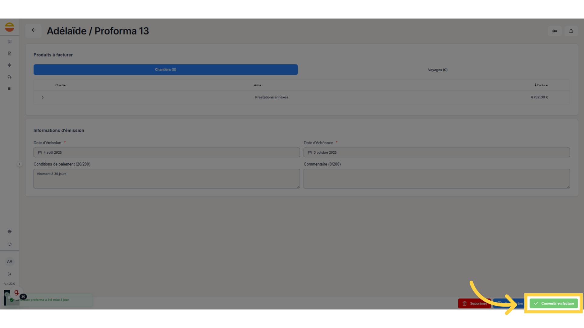 Cliquez sur 'Convertir en facture'