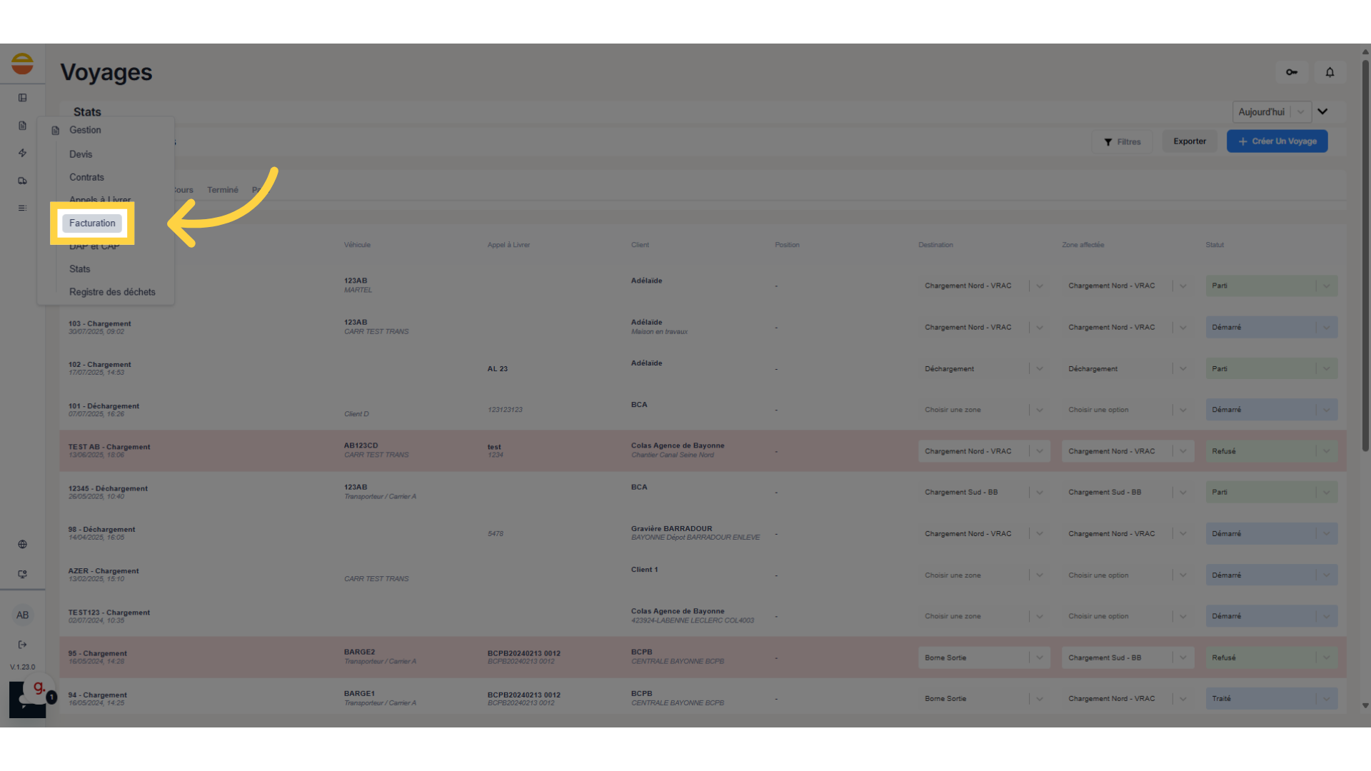 Cliquez sur 'Facturation'