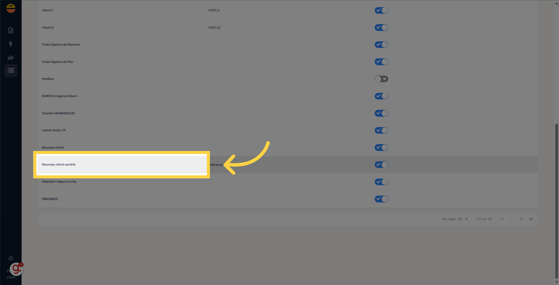Cliquez sur une ligne client