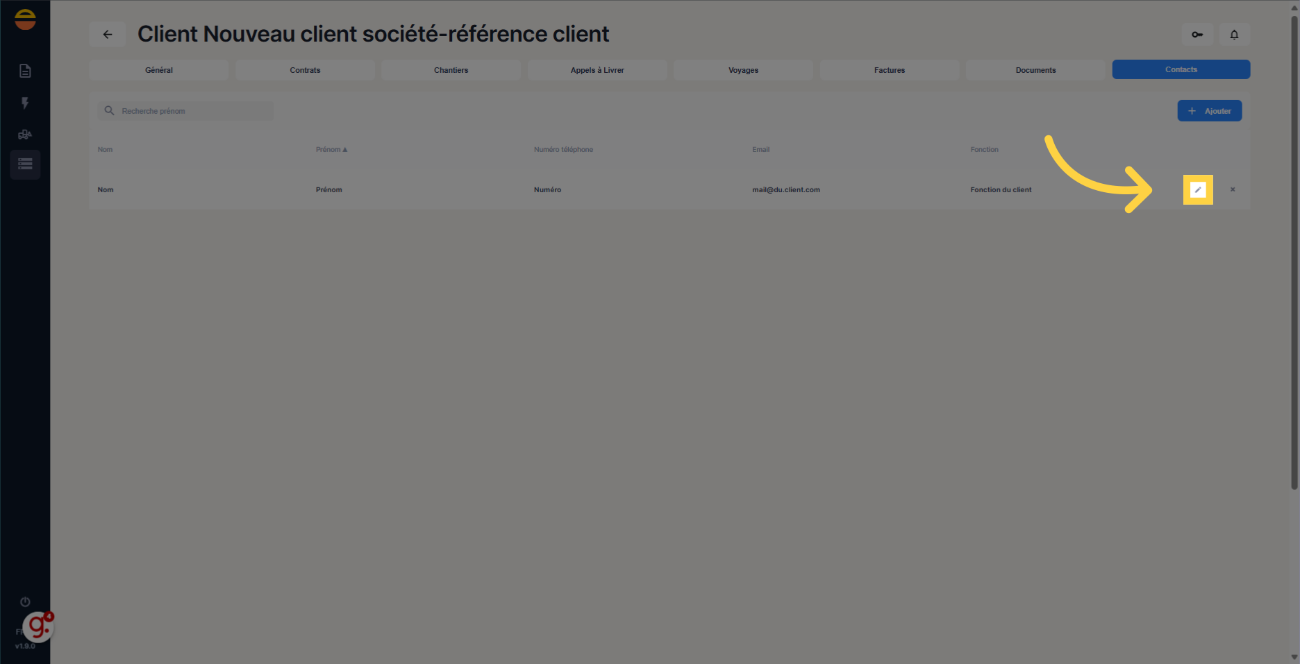 Cliquez sur l'édition de la ligne contact souhaitée