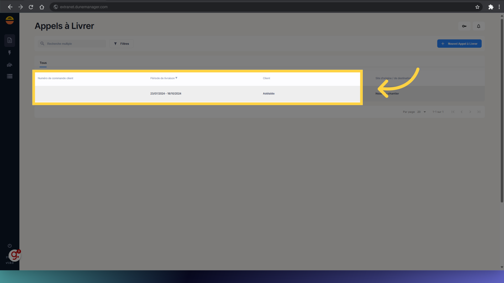 Sélectionnez l'Appel à Livrer souhaité
