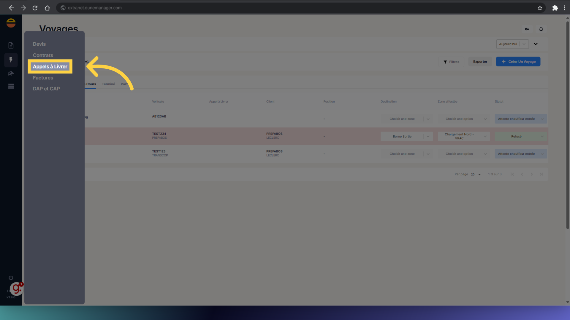 Cliquez 'Appels à Livrer'